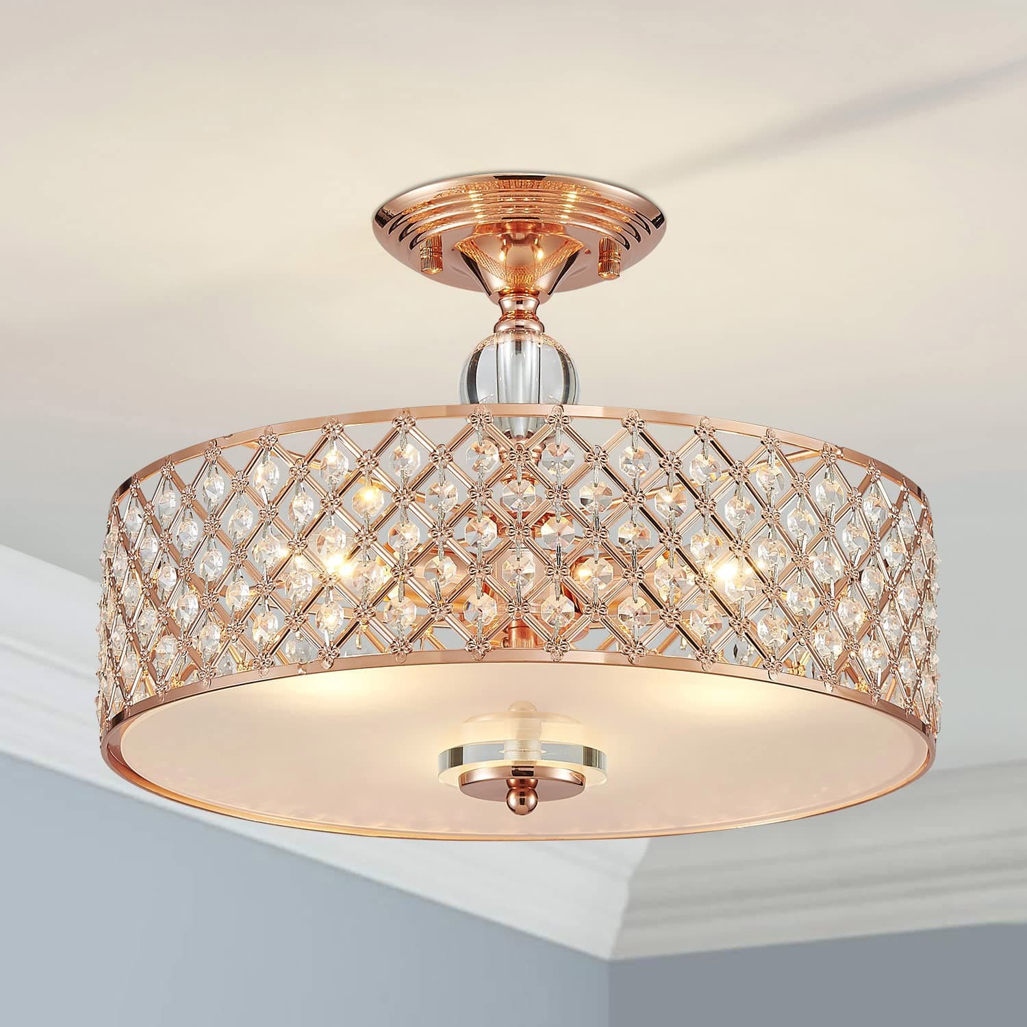 Saint Mossi Semi Flush Mount Ceiling Chandelier, 3-Light Modern K9 Crystal Ceiling Light Fixture for Dining Room,Livingroom,Bedroom, H11 x D15.4, Rose Gold Finish