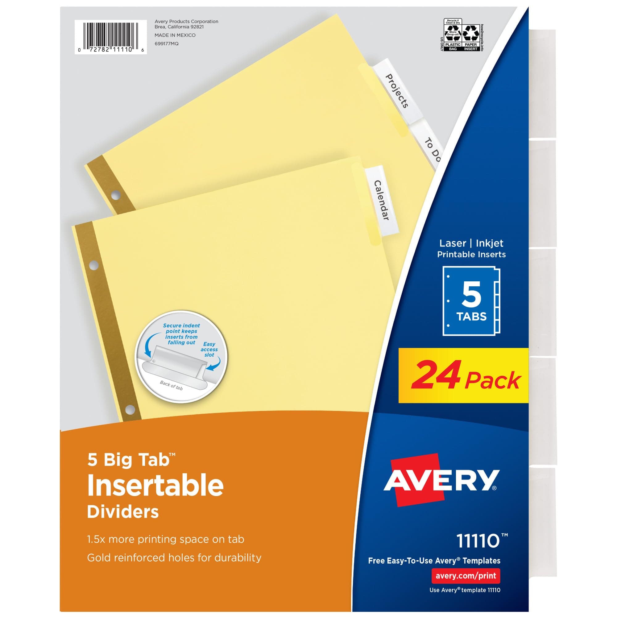 Avery Insertable Dividers for 3 Ring Binder, 5-Tab Set, Clear Big Tabs, Buff Paper with Gold-Reinforced, 24 Sets, Great for Organizing Projects, Reports, Finances, and More (11113)