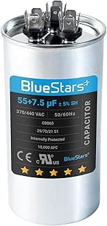 55+7.5 uf MFD ±5% 370 or 440 Volt AC CBB65B Dual Run Round Capacitor by Blue Stars - Exact Fit for Condenser Straight Cool or Heat Pump Air Conditioner - Replaces C35575R, TT-CAP-55/7.5/440