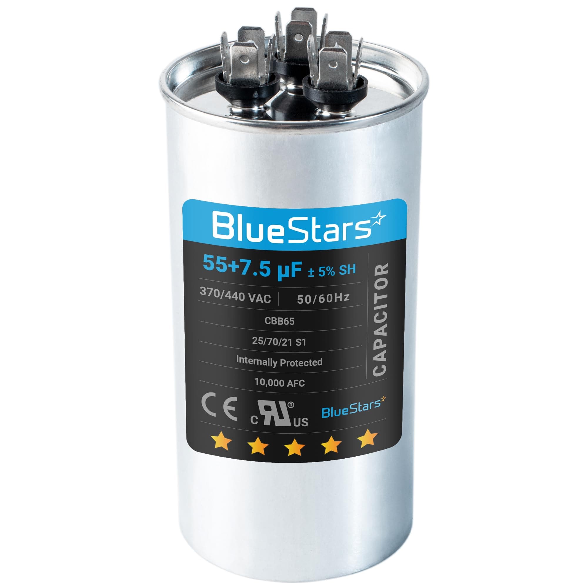 [2025 Updated] BlueStars 55+7.5 uF 55/7.5 MFD ±5% 370 or 440 Volt AC CBB65B Dual Run Round Capacitor - Fit Condenser Straight Cool or Heat Pump Air Conditioner - Replaces C35575R, TT-CAP-55/7.5/440