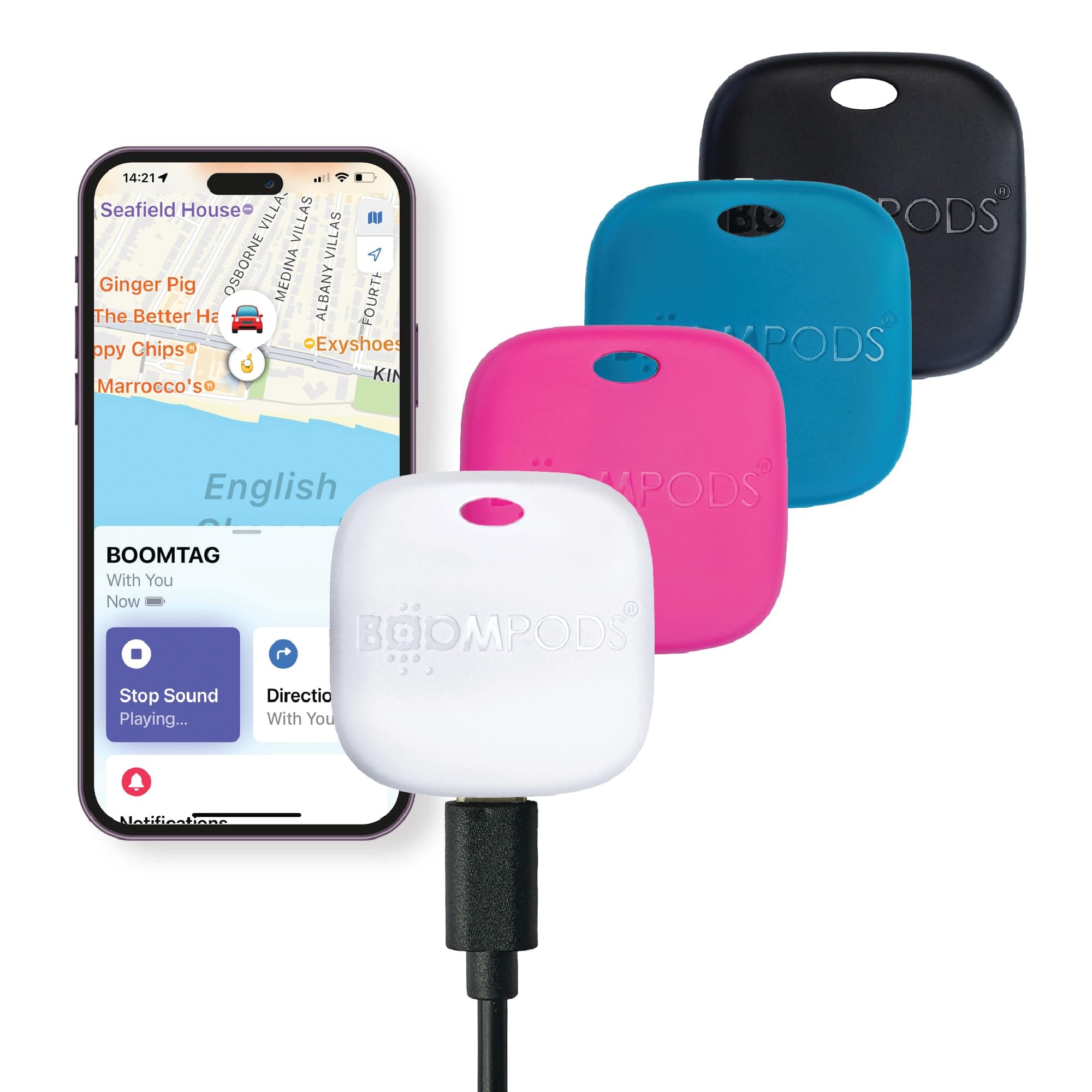 Boomtag Rechargeable Bluetooth Tracker Tag, 4 Pack - Smart Tracking Device for Children, Luggage & Pet, Compatible with Apple Find My App, Wallet and Key Finder with Extended Battery Life