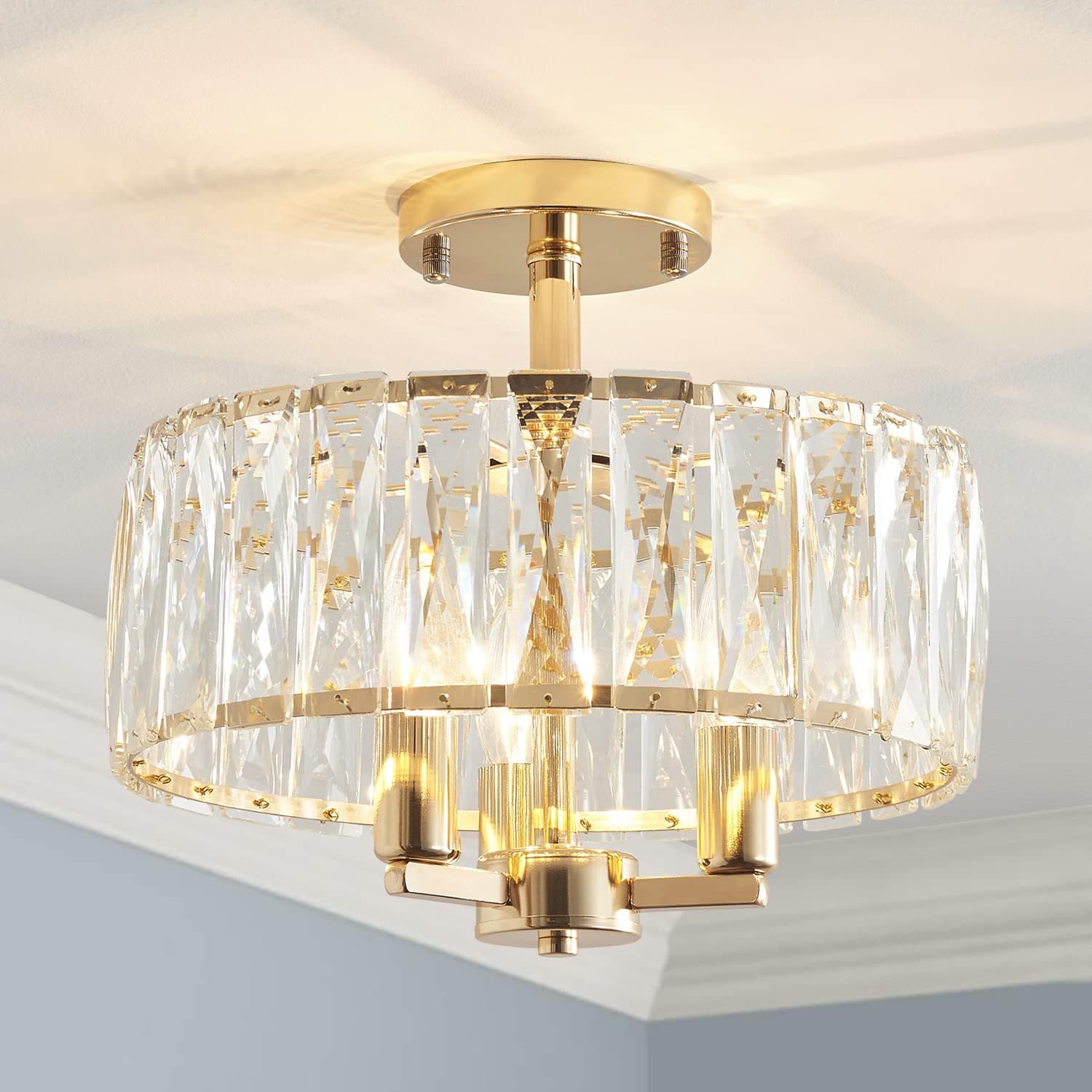 Saint Mossi K9 Crystal Semi Flush Mount Ceiling Light Fixture, Modern Style, Close to Ceiling, E14 Base 3-Lights, D30cm x H18cm, Shine Gold Finish