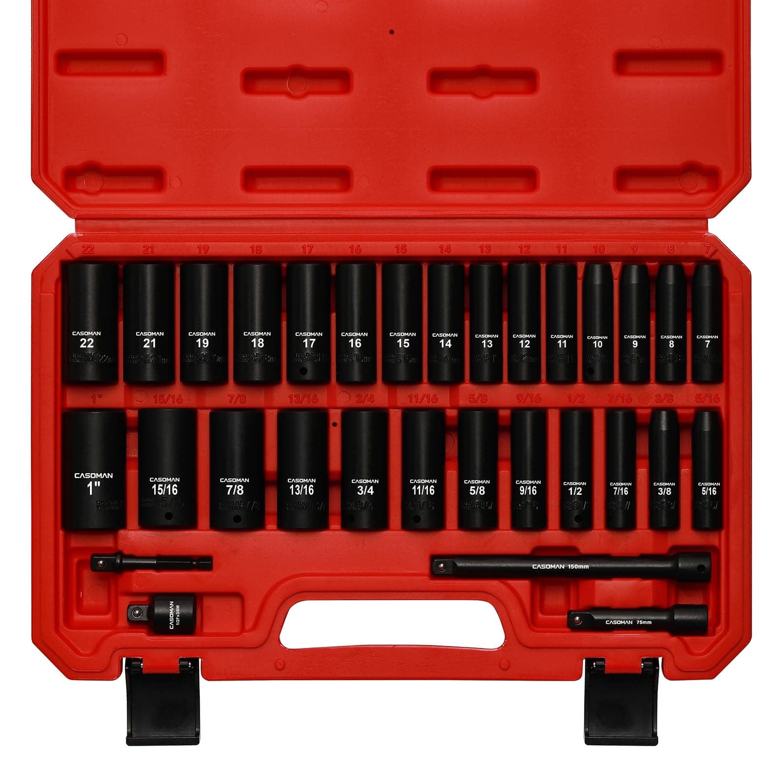 CASOMAN 3/8-Inch Deep Impact Socket Set, Metric & SAE, 31Piece Socket Set, CR-V, Includes Extension Bar (3, 6-inch) & Adapters, Heavy Duty Storage Case