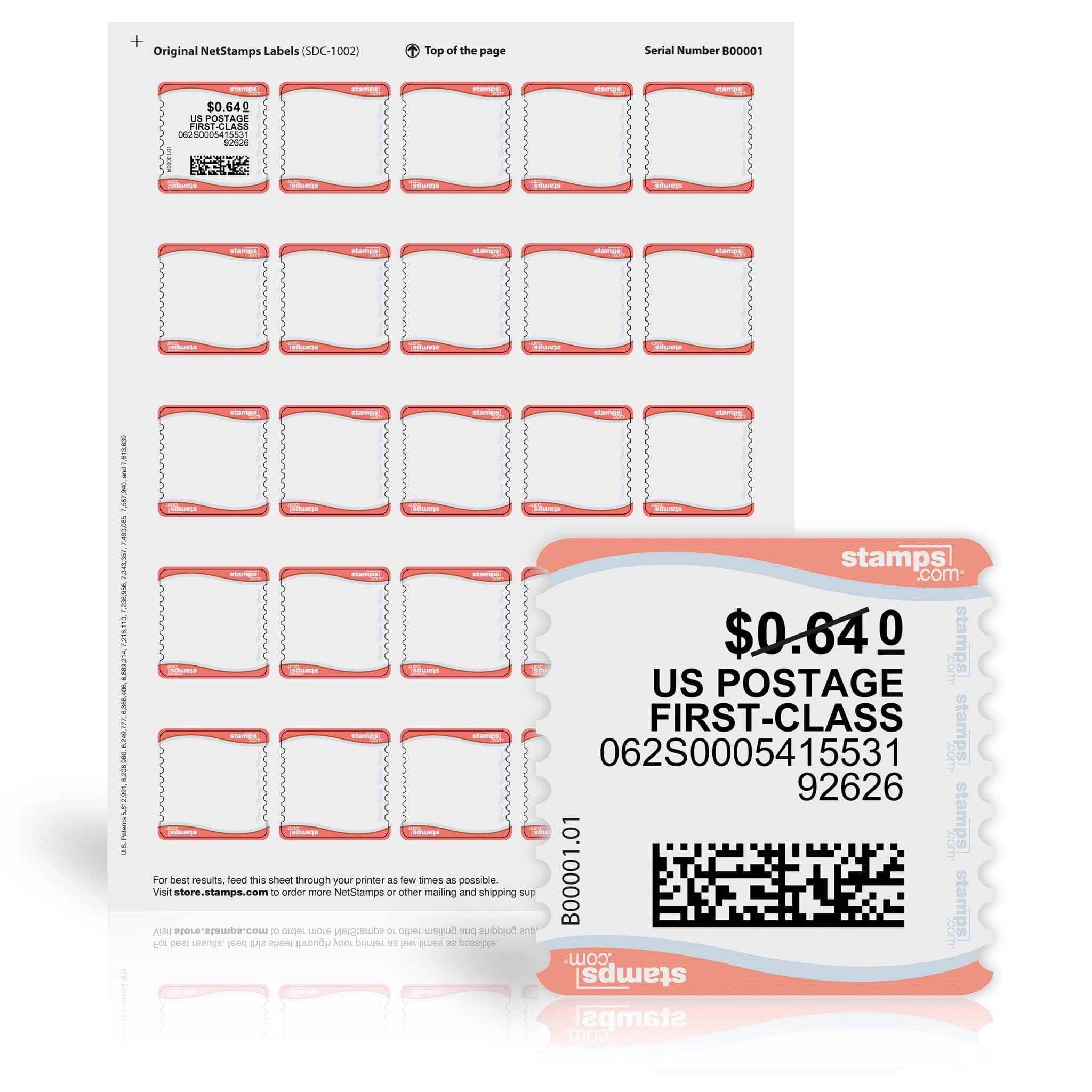 Original NetStamps 125-Pack (5 Sheets) Printable Postage Labels (Stamps.com Subscription Required) - Print Approved Postage - Inkjet & Laser Printers - Business, Personal, Home
