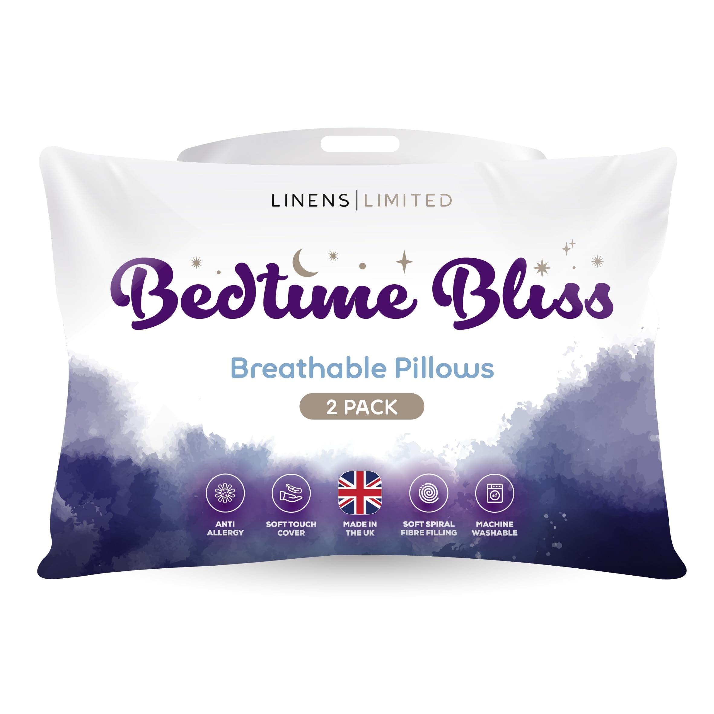 Linens Limited - Soft Pillows 2 Pack, Made in the UK, Bedtime Bliss, Soft and Firm with Orthopedic Support, Non-Allergenic Hollowfibre, Machine Washable (White)