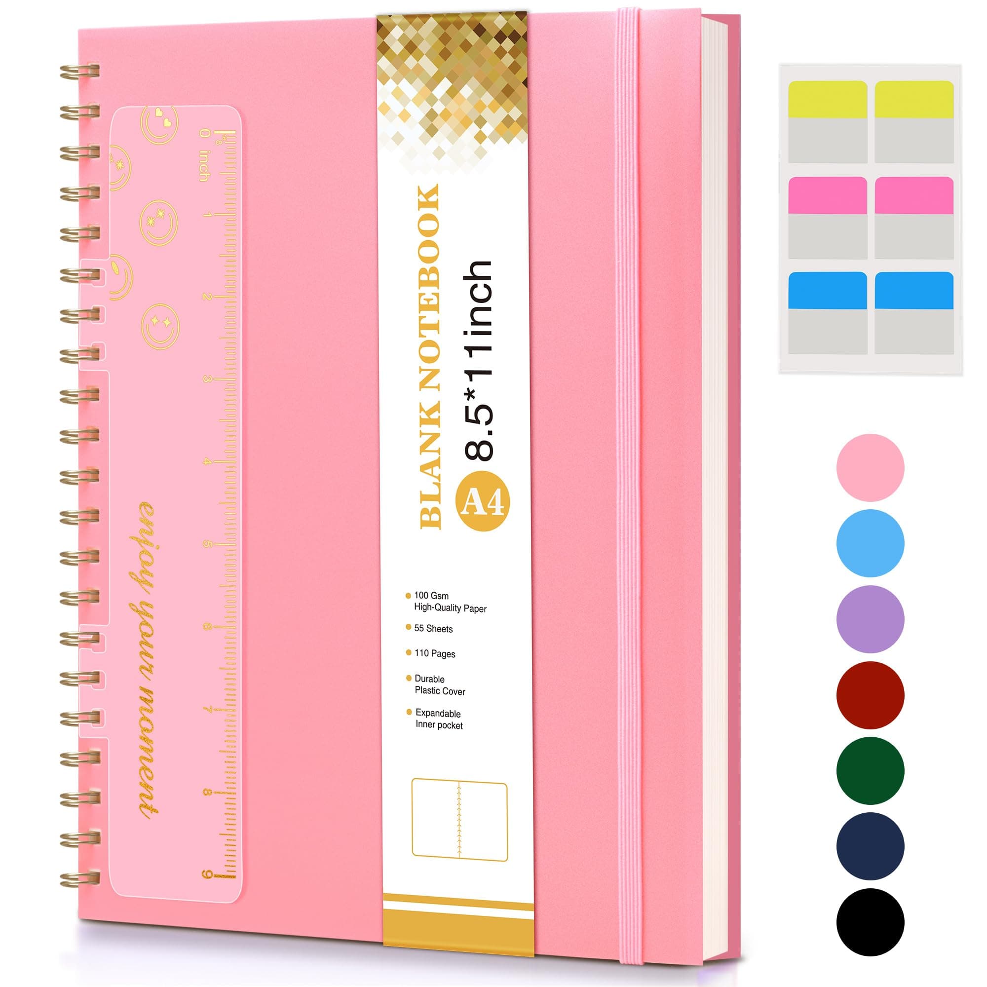 Blank Spiral Notebook Journal 8.5” x 11”, A4 Large Pink Sketch Book for Women Men, 100 GSM Blank Paper Drawing Notebook, Plastic Hardcover Spiral Bound Sketchbook for Sketching Work School Writing