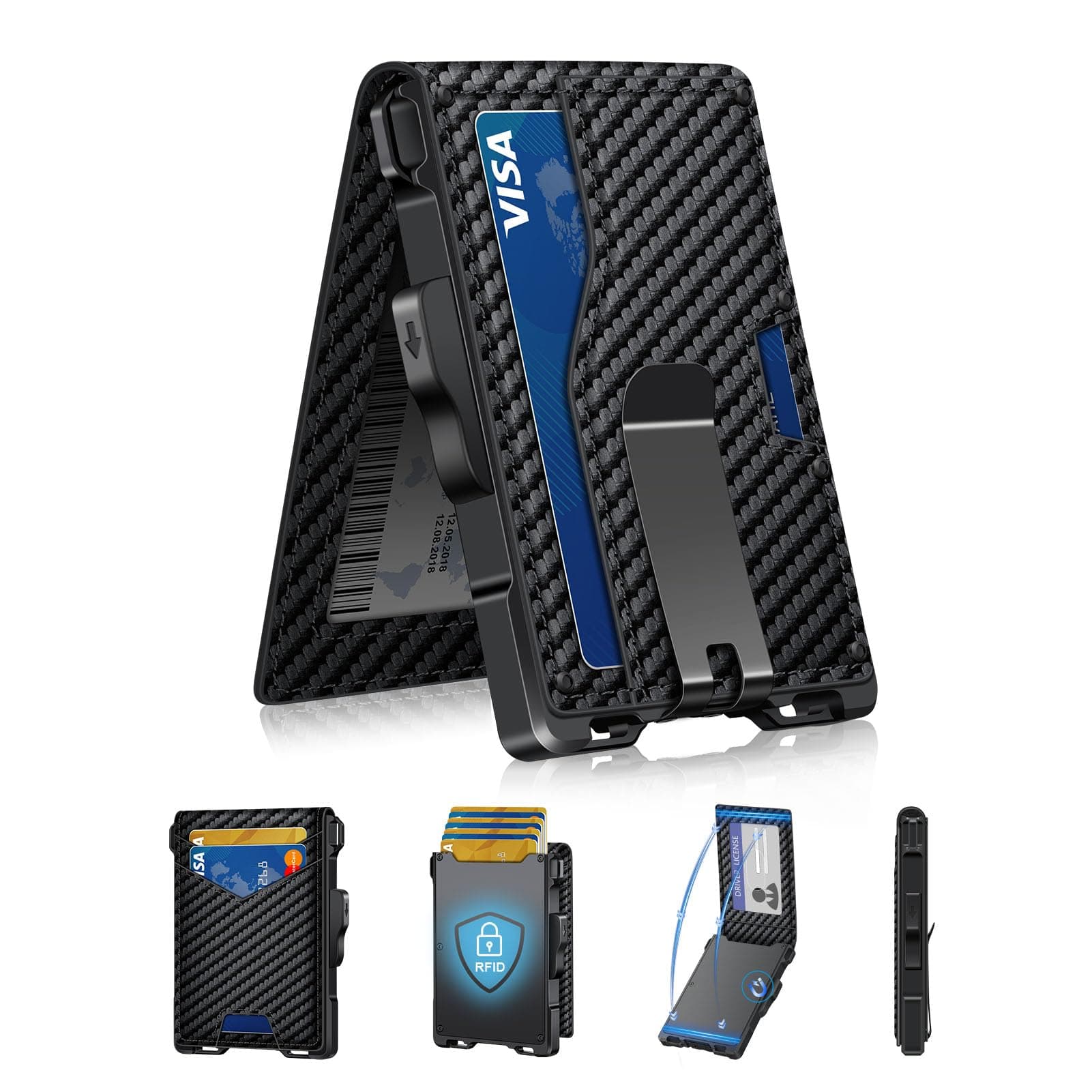 Men's Carbon RFID Blocking Minimalist Slim Wallet with Pop-Up Card Holder, Leather Aluminum, Bi-Fold, 12 Card Slots, ID Window, Money Clip, 4oz