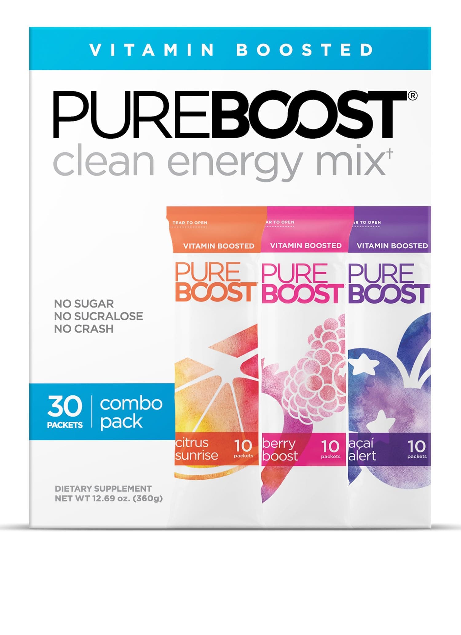- Sugar-Free Clean Energy Booster, Combo Pack 30 Count, Refreshing Energy Drink Mix with B12 Vitamins, Electrolytes, Antioxidants, No Sucralose