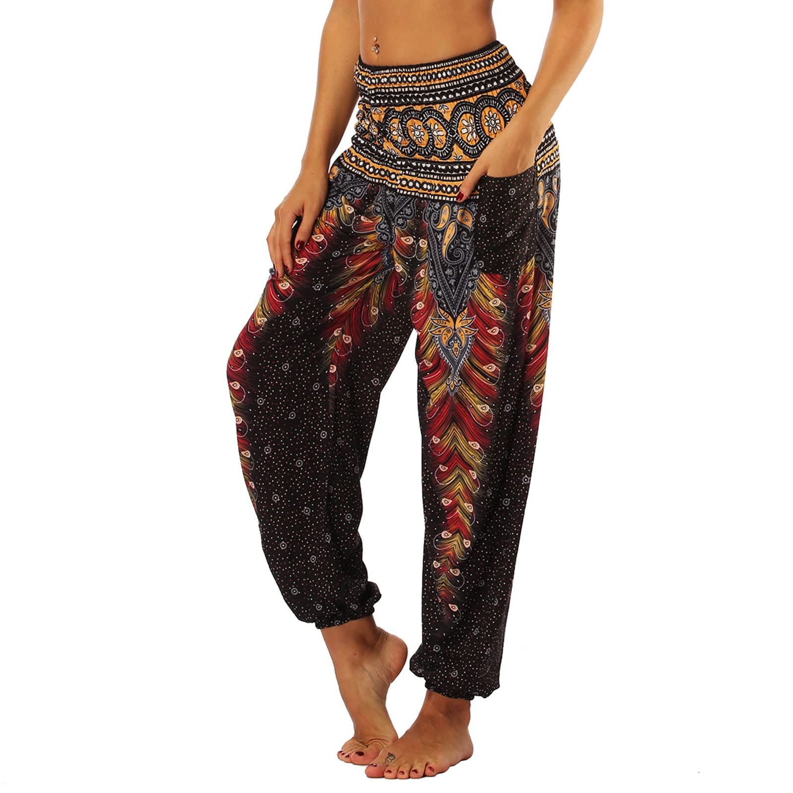 Women's Harem Hippie Pants Baggy Boho Patterned High Waist Smocked Waist Thin with Pockets Lounge Trousers for Yoga Summer Beach