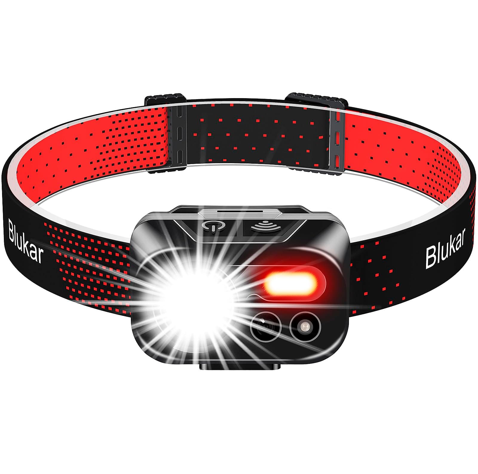 Blukar Head Torch Rechargeable, 2000L Super Bright LED Headlamp Headlight with Sensor Control & 7 Light Modes, IPX5 Waterproof, Hands-Free 30 Hrs Runtime for Cycling Power Cuts, Emergency etc, Red [Energy Class A+++]