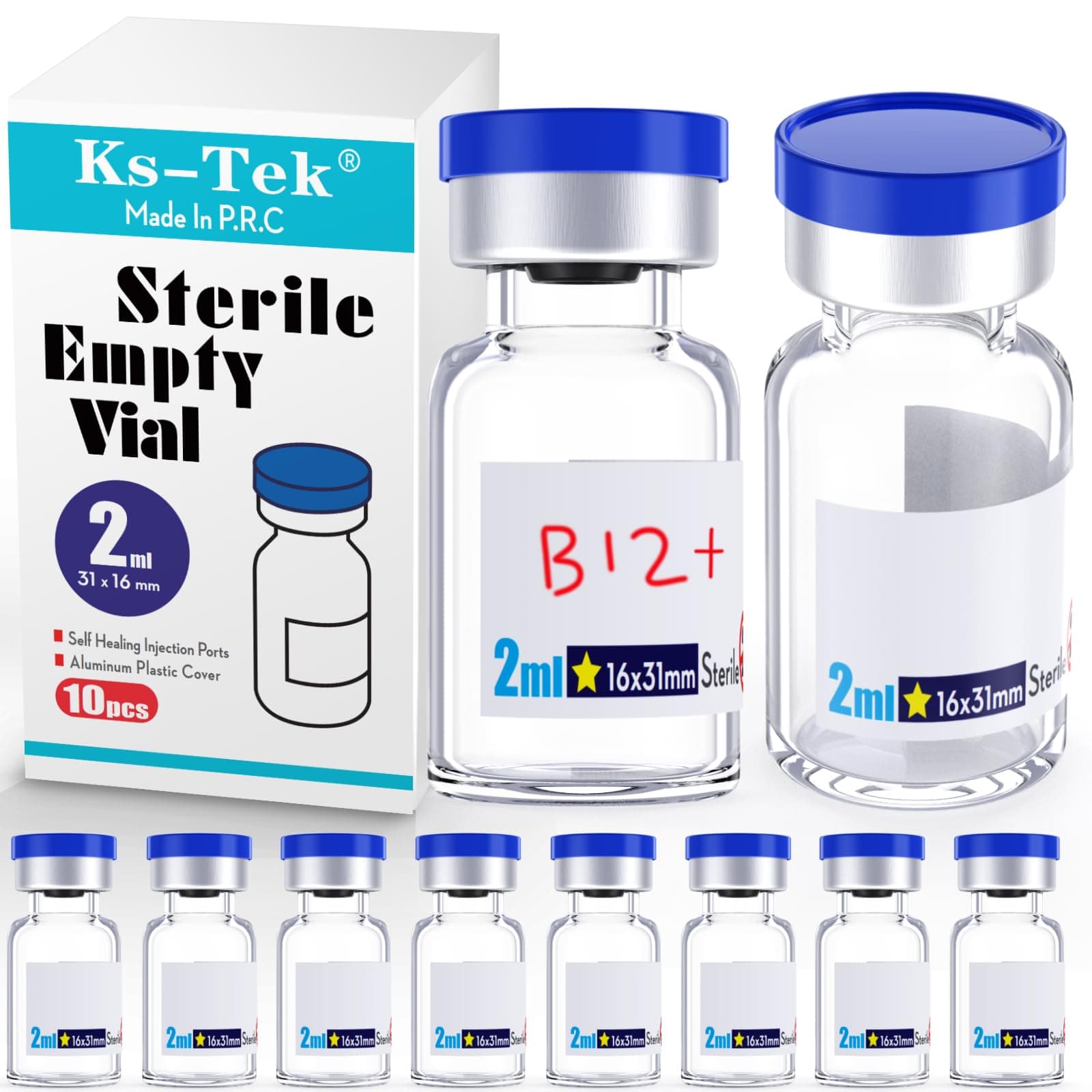 Ks-Tek Sterile Empty Vials with Self Healing Injection Port,with Aluminum Plastic Cap,Sterile Package (2ml Clear,10)