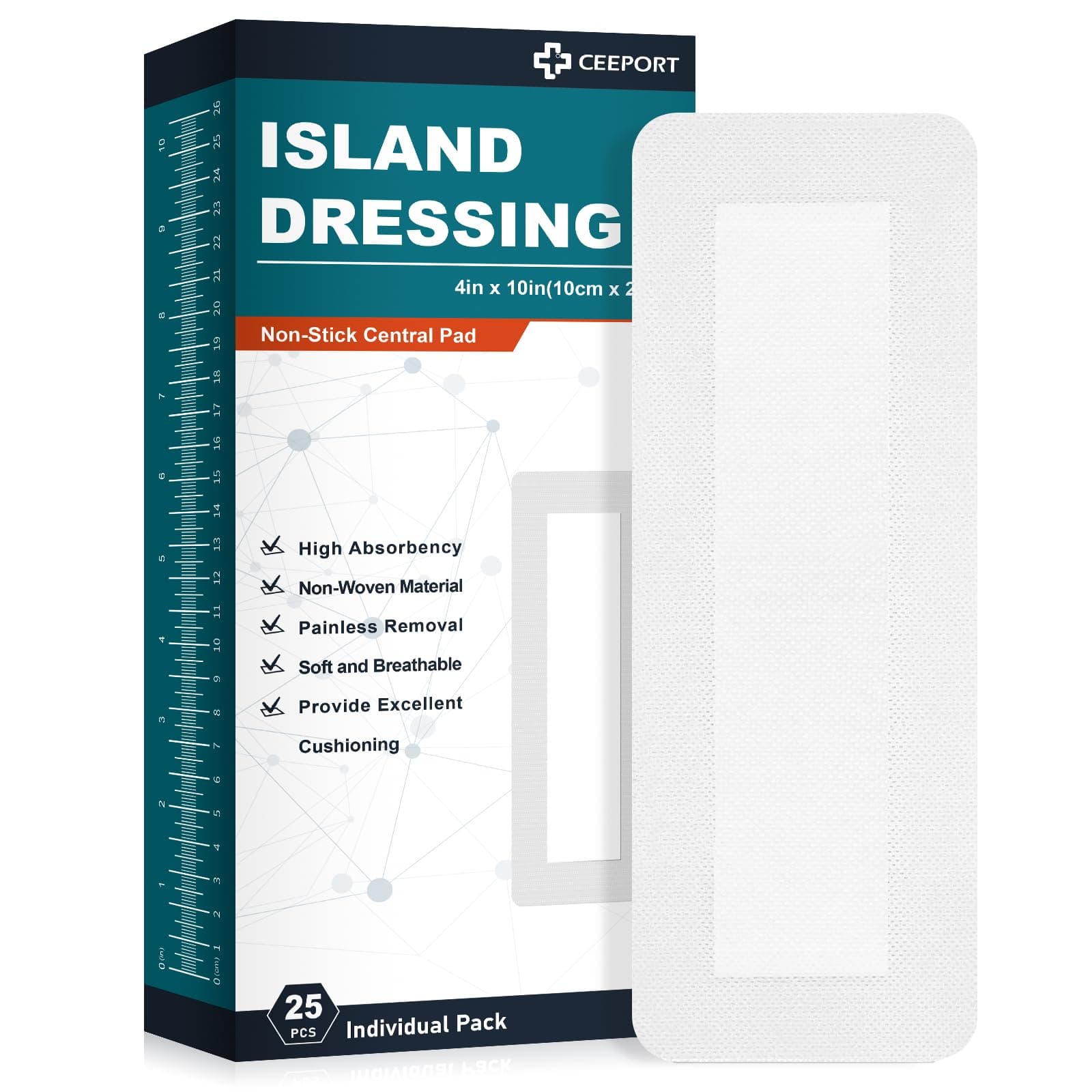 Ceeport Island Dressing Bordered Gauze 4"x10", 25 Individually Packed Non-Stick Pad in Center with Adhesive Border,Soft & Highly Absorbent Medical Grade Dressing Gauze Pad for Wound Care and First Aid