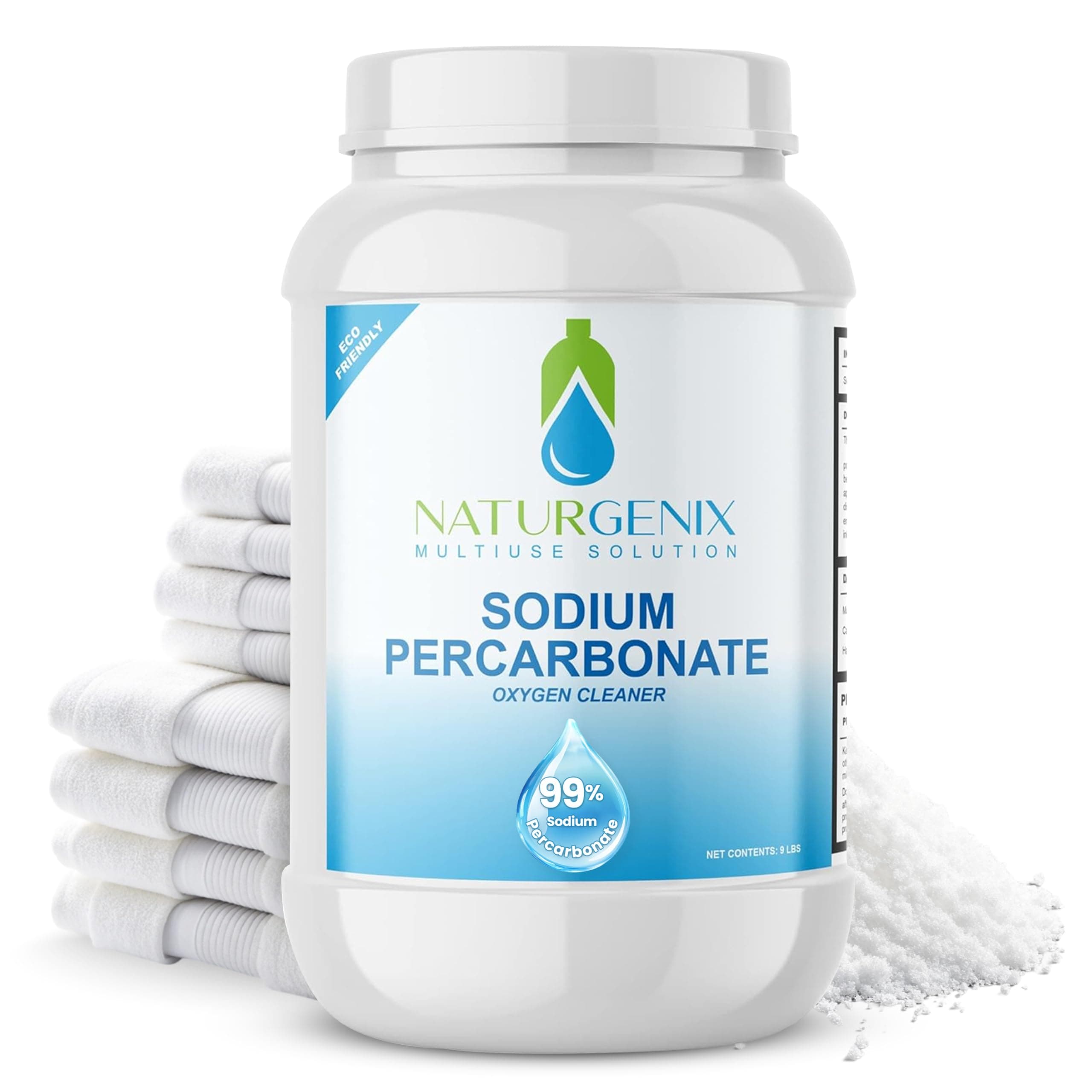 Sodium Percarbonate Powder 99% Purity - Oxygen Bleach, Hydrogen Peroxide Release Cleaner for Laundry, Dishwasher, Deodorizing & Stain Removal, Multi-Surface Use, Color-Safe (9 lbs)