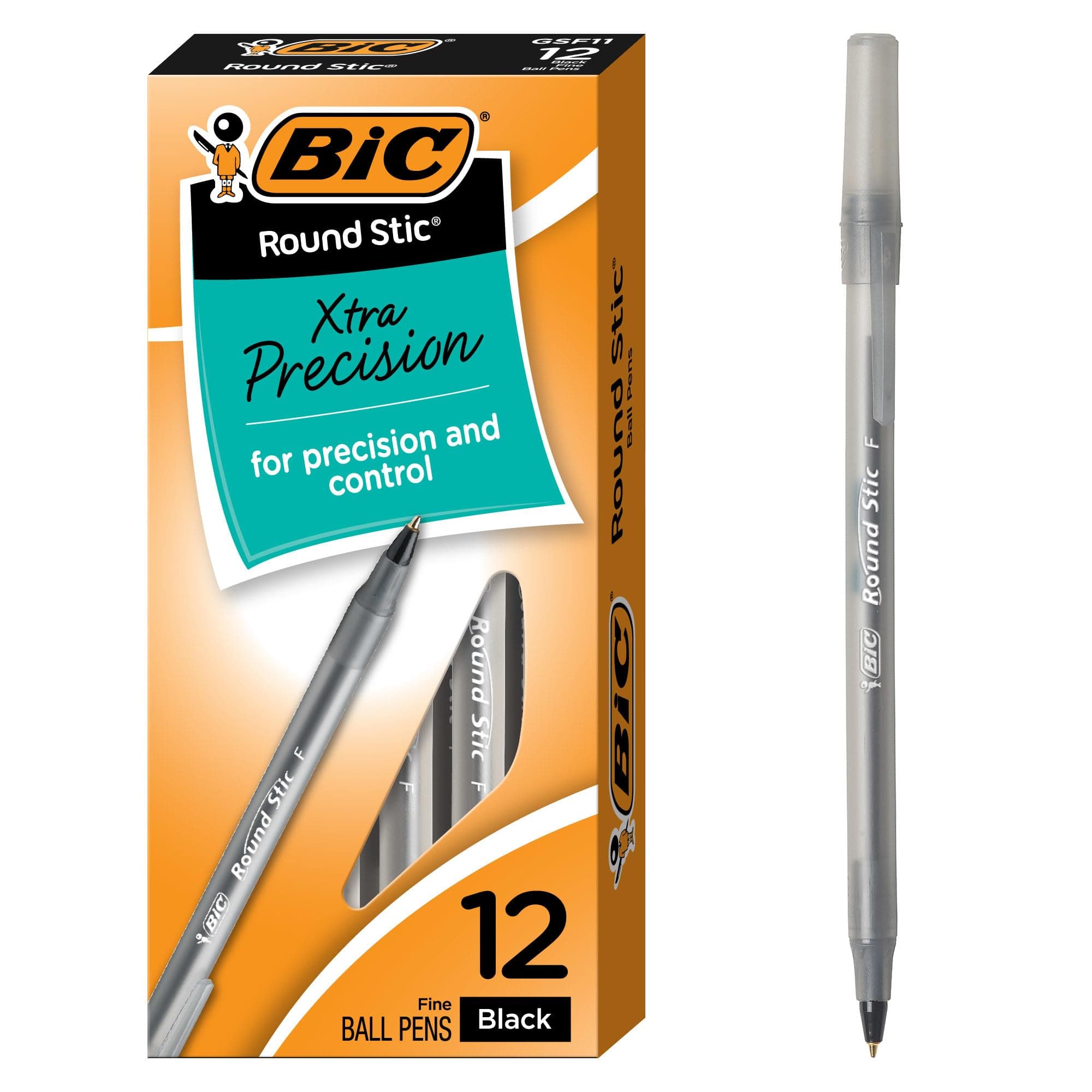 Round Stic Xtra Precision Fine Black Ballpoint Pens, Medium Point (0.8 mm), 12-Count Pack, Excellent Writing Pens