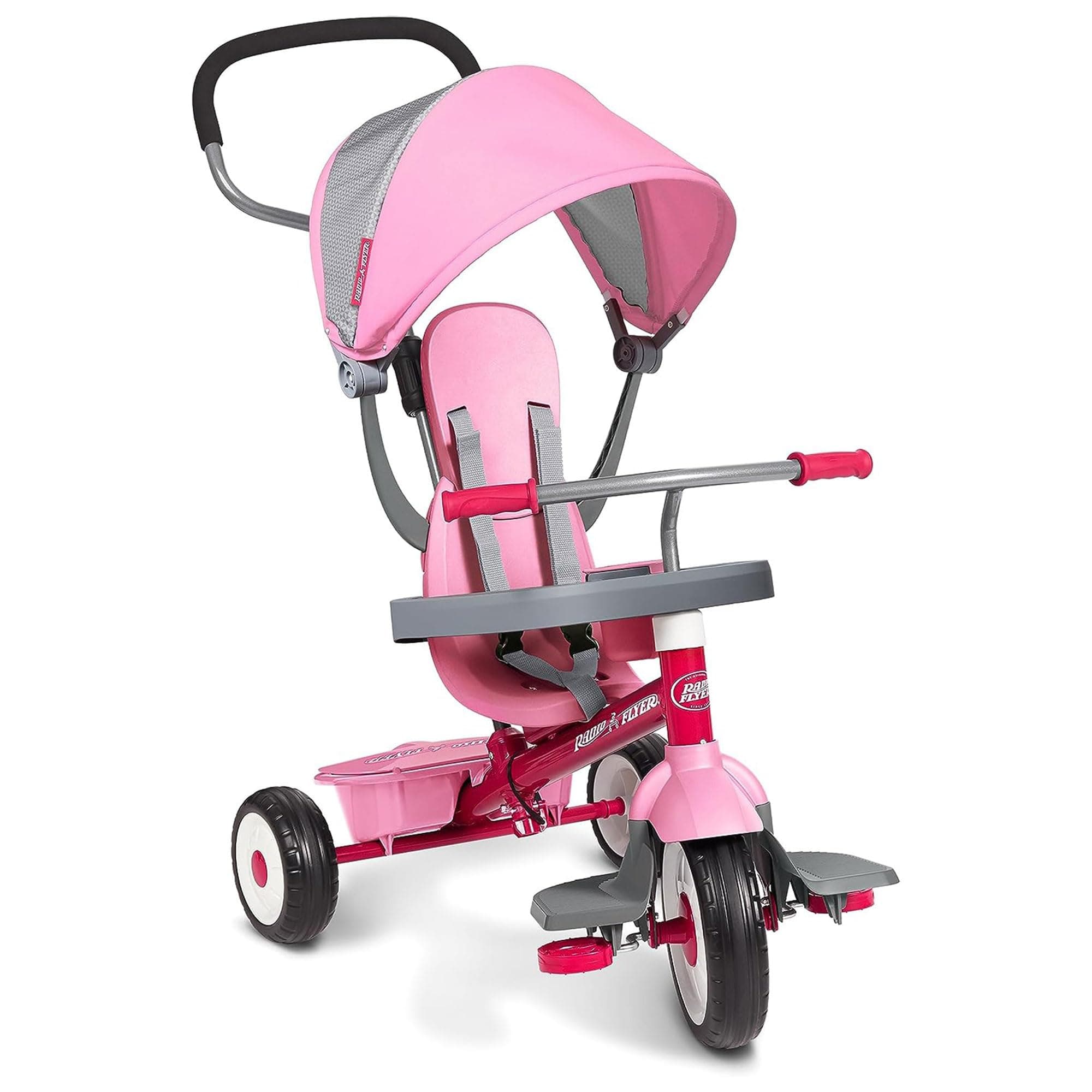 Radio Flyer Toddler Tricycle Bike and Stroller with Adjustable Seat, for 9 Months to 5 Years Old, Pink - Compact and Lightweight Pram Trike for Toddlers