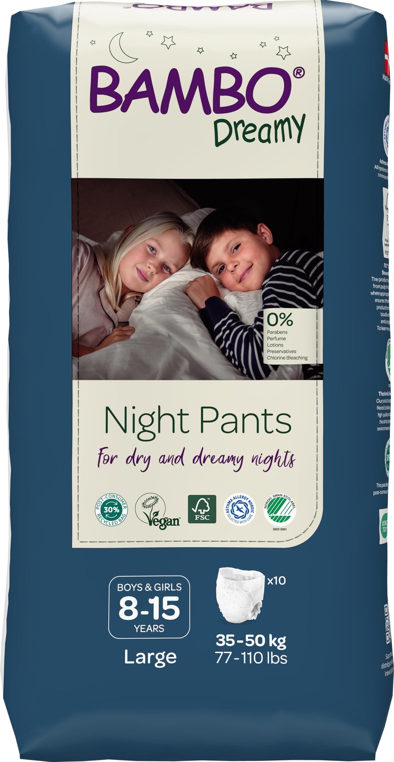 Bambo Dreamy Night Pants Nappies, Pull Up Pants, Eco Nighttime Diapers Keep Bed Dry All Night Pull Up Training Diapers, Safe and Comfortable, Potty Training Pants, 8-15 Years, 35-50kg, 10PK