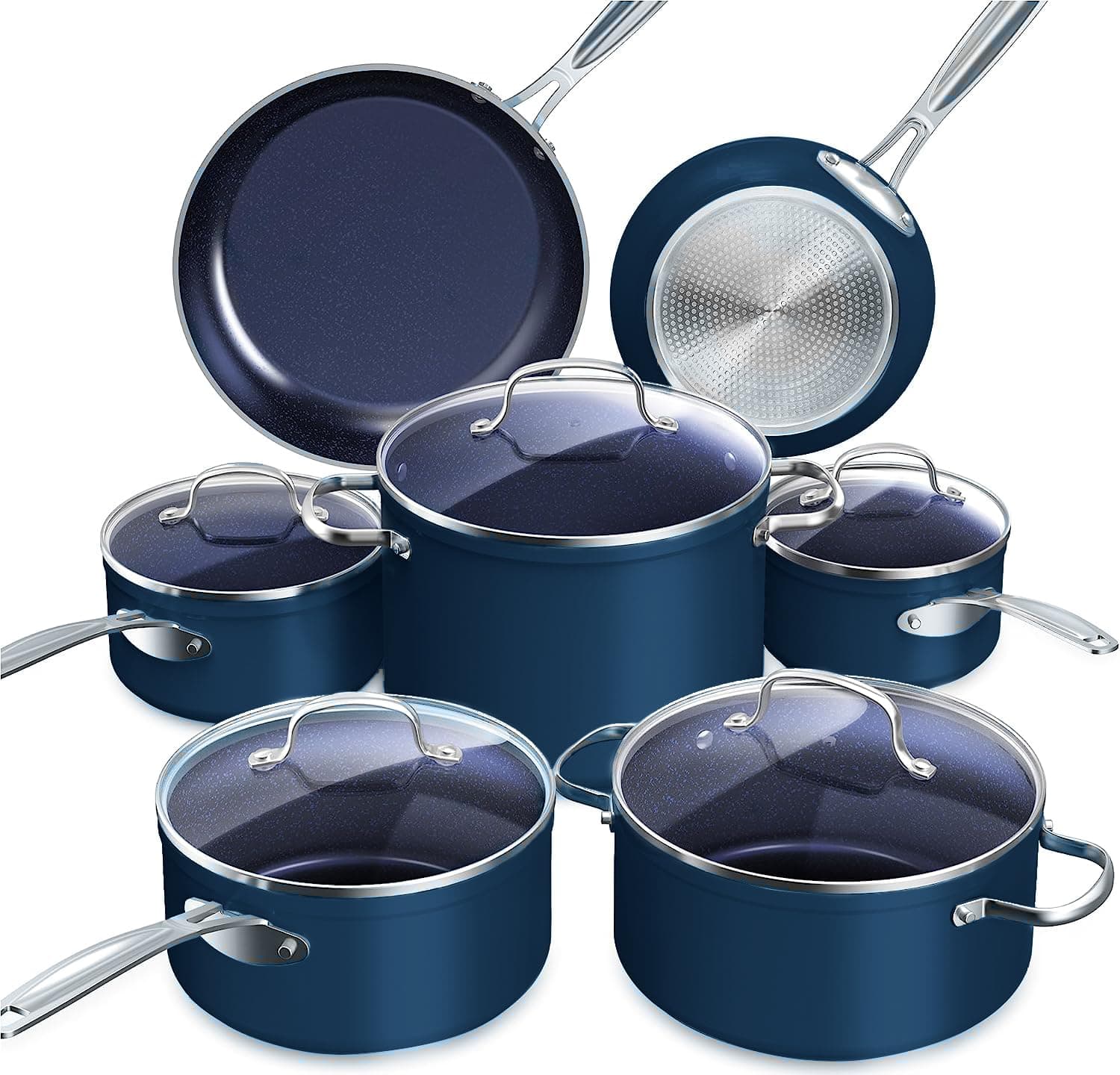 Nuwave Healthy Duralon Blue Ceramic Nonstick 12pc Cookware Set,Diamond Infused Scratch-Resistant,PFAS Free,Dishwasher & Oven Safe,Induction Ready & Evenly Heats, Tempered Glass Lids, Stay-Cool Handles