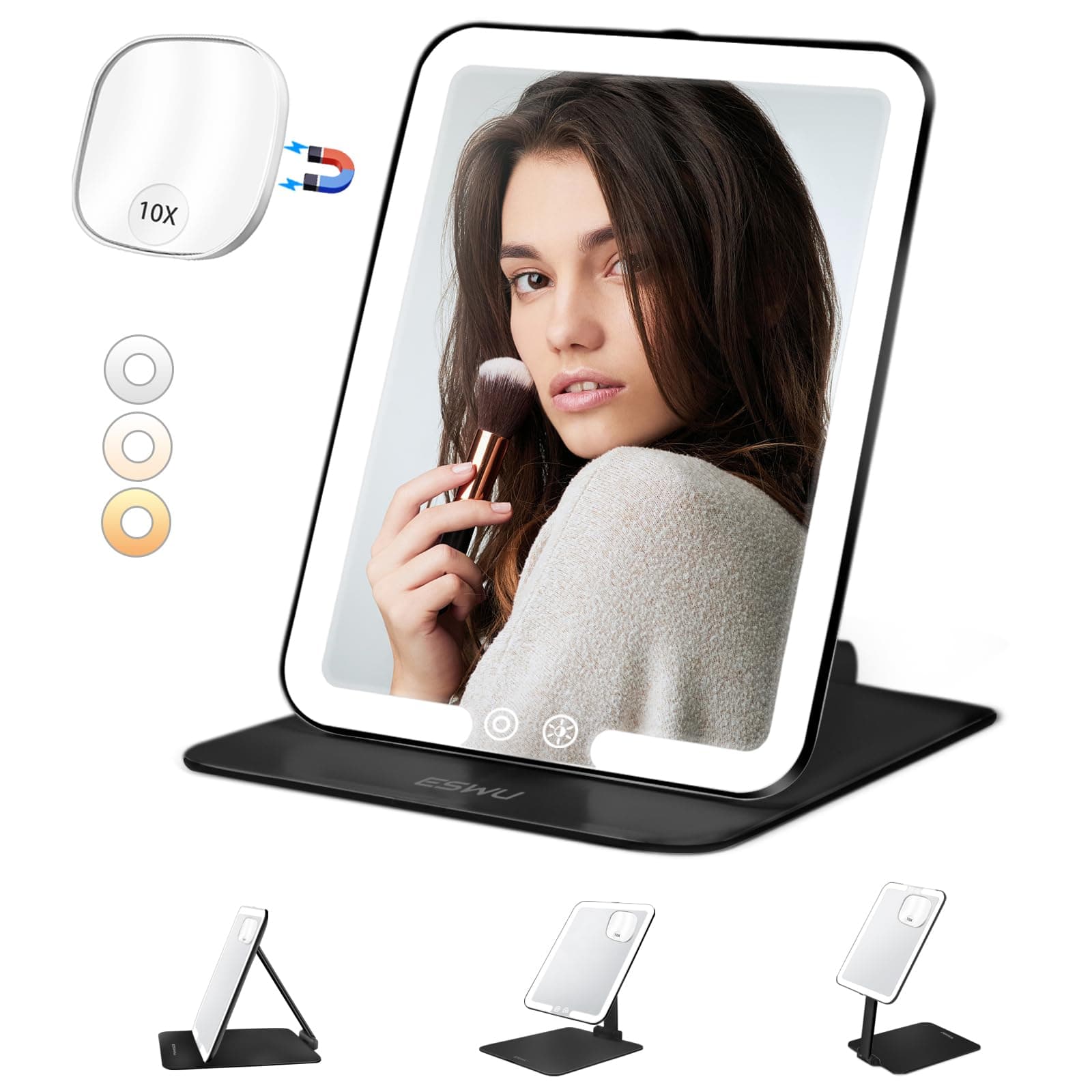 ESWU Portable Folding Makeup Tabletop Mirror with 10X Magnifying Mirror, Rechargeable 3-Color Light, Adjustable Stand (Black)