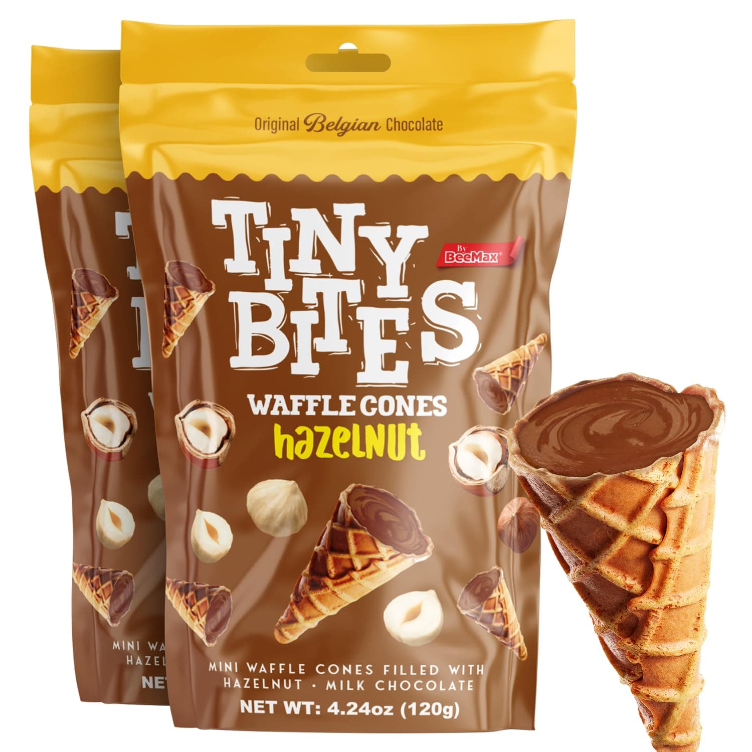 BEEMAX Tiny Bites Hazelnut Mini Waffle Cones, Perfect Blend of Crispy Filled with Milk Chocolate, Bite-Sized Snack for Dessert or Ice Cream Toppings, 4.24 oz Bag, 2-Pack