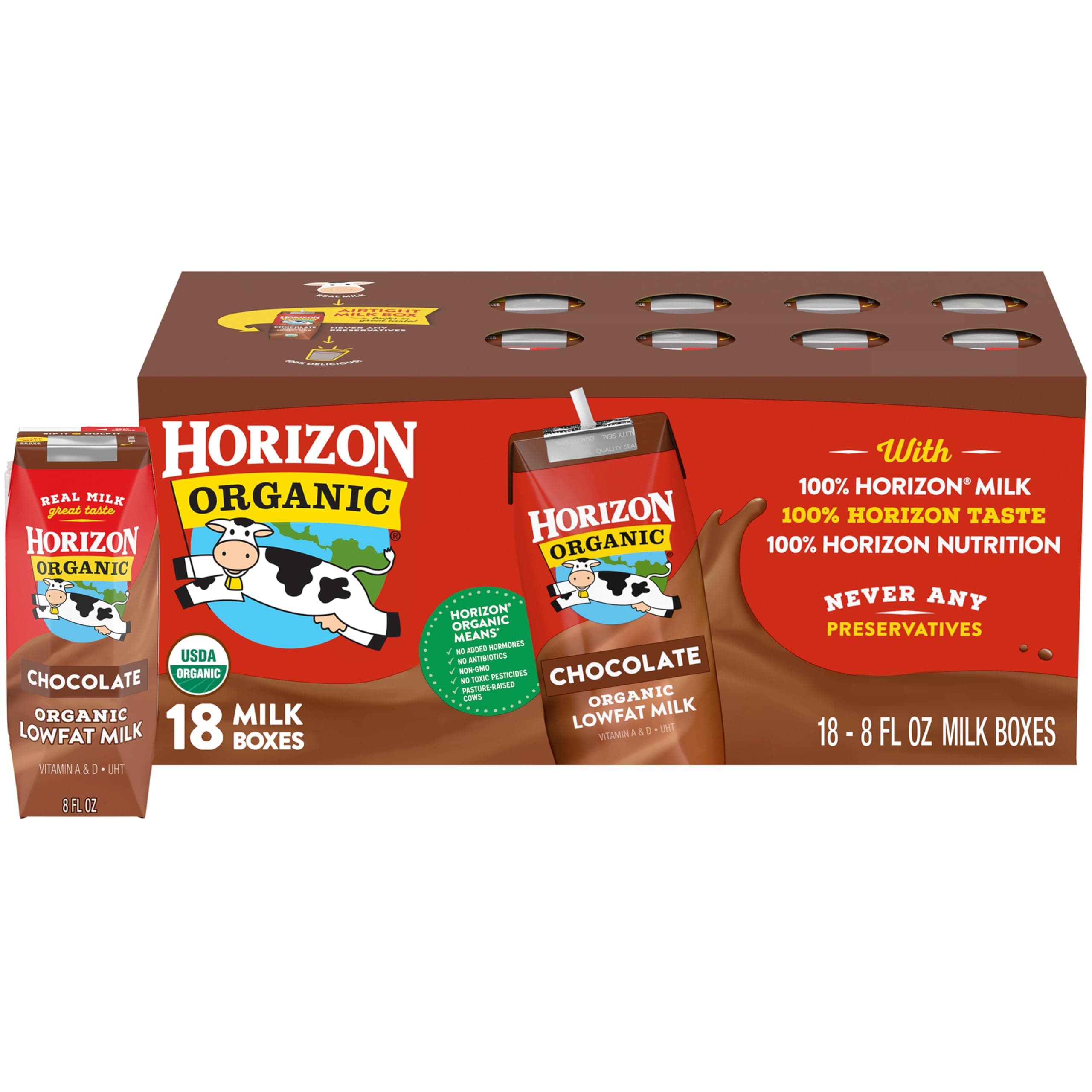 Shelf Stable 1% Lowfat Chocolate Milk Boxes, 8 fl oz, 18 Count - 8g Protein per Serving, USDA Organic UHT from Pasture-Raised Cows, Ready to Drink for Lunchbox, Travel, or On-the-Go, No Refrigeration Needed