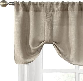 Home Queen Burlap Tie Up Curtain Topper Valance for Cafe Window, Semi Sheer Fabric with Adjustable Magic Strap, Straight and Wave Available, 54" W X 20" L, Taupe
