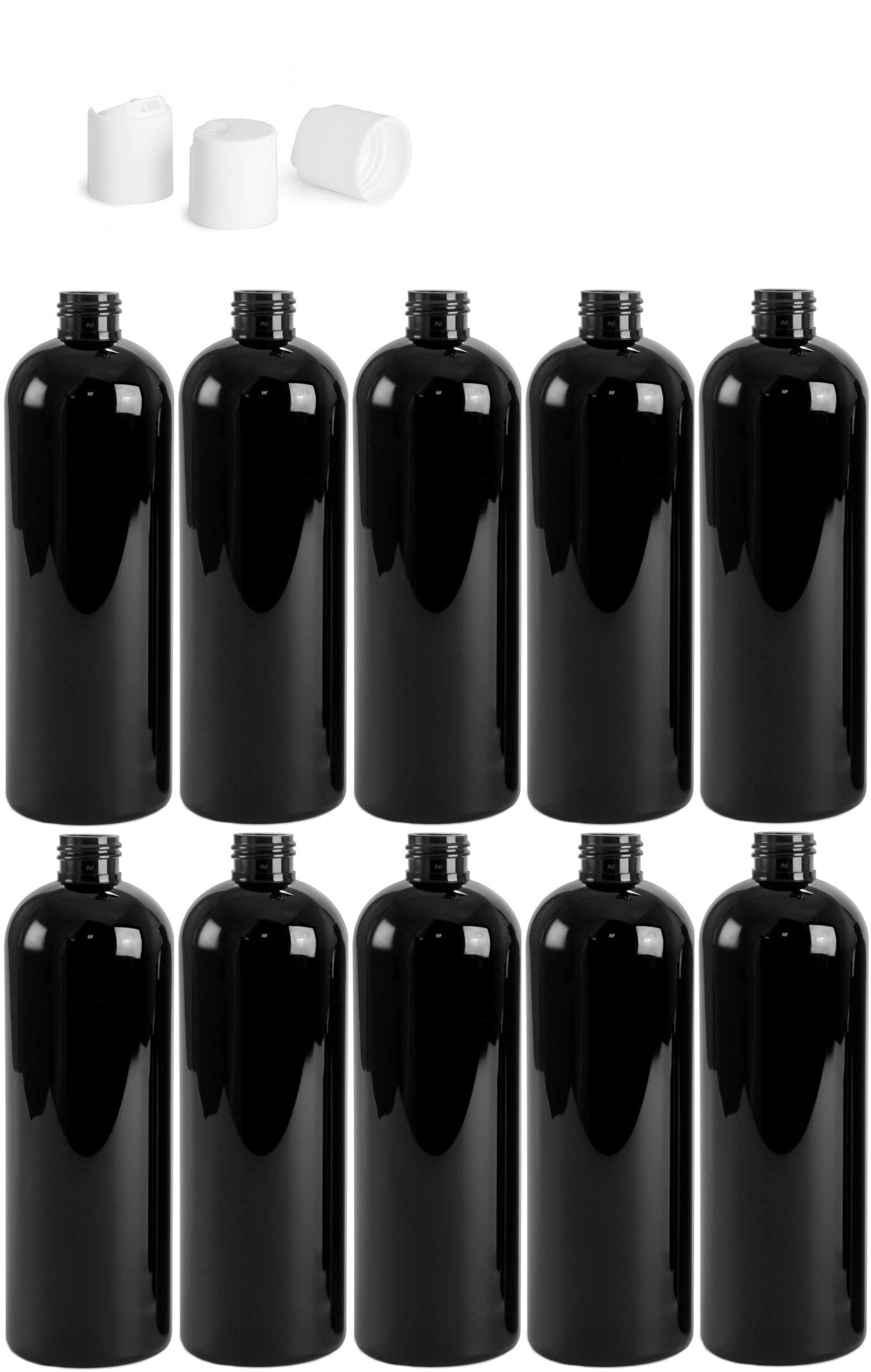 16 Ounce Cosmo Round Bottles, PET Plastic Empty Fillable BPA-Free, with White Press Down Disc Caps (Pack of 10) (Black)