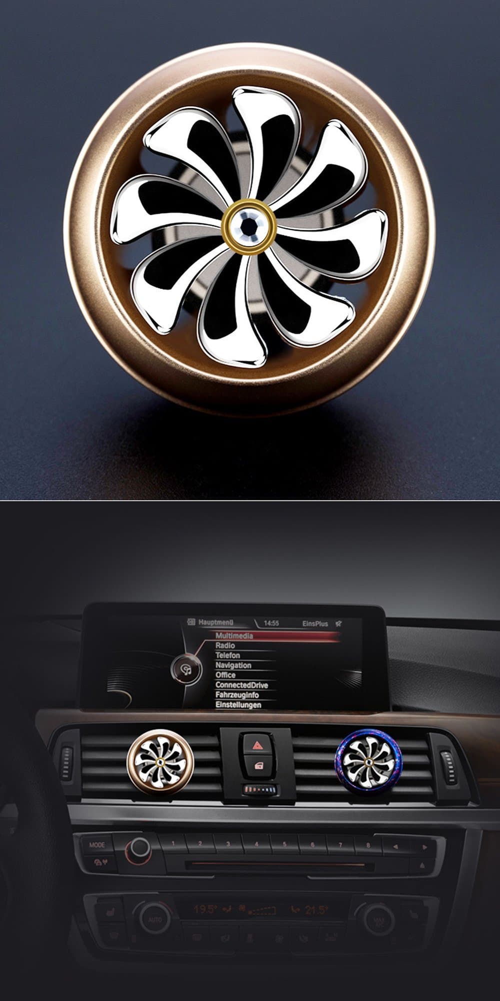 Car Fragrance Diffuser Vent Clip,Rotating Propeller Vent Clip Purifier,Air Freshener Aromatherapy Essential Oil Diffuser,Remove Smoke and Bad Odors (Gold)