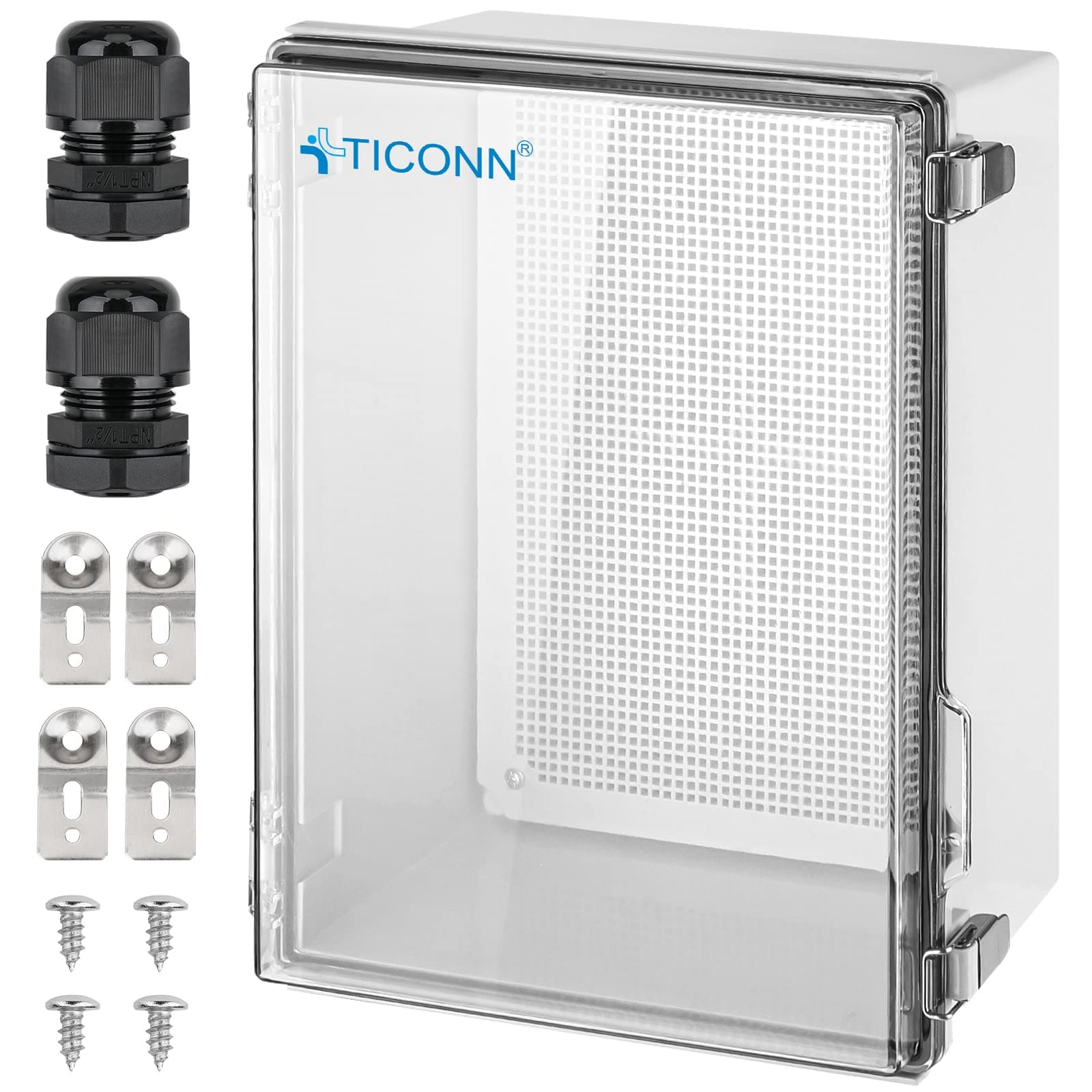 TICONN Outdoor Electrical Box Waterproof, Junction Box IP67 ABS Plastic Enclosure with Hinged Cover with Mounting Plate, Wall Brackets, Cable Glands (Clear, 15.7"x11.8"x7.1")