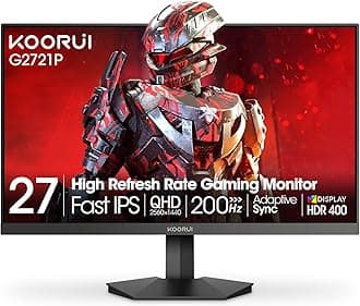 KOORUI 27" Gaming Monitor, 200Hz 1ms Fast IPS, WQHD (2560 x 1440p) HDR 400 Display, DCI-P3 95% Color Gamut, FreeSync Premium, Adaptive G-Sync, HDMI x 2, DisplayPort, G2721P