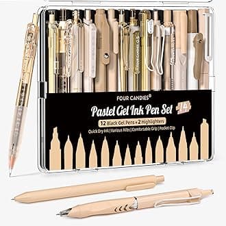Four Candies 14Pack Pastel Gel Ink Pen Set,Cute Retractable 0.5mm Fine Point Pen,Note Taking Aesthetic Pens,12 Pack Black Ink Pens with 2Pack Highlighter, Smooth Writing Pens for School, Office(Brown)