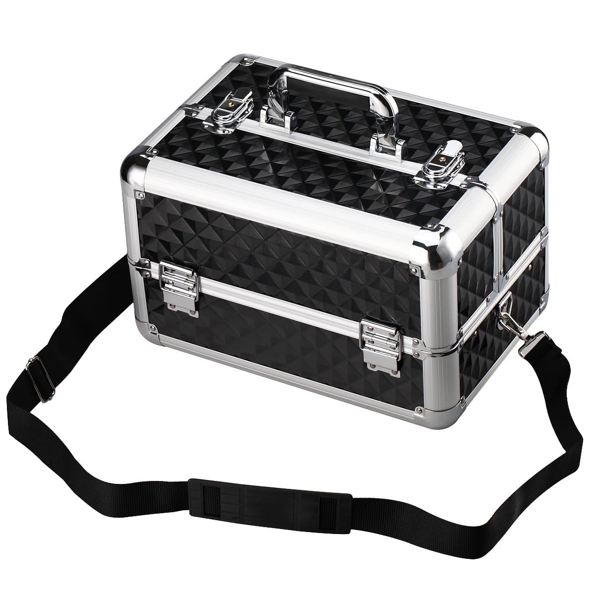 13.8'' Aluminum Professional Makeup Train Case Makeup Organizer with Adjustable Dividers -Cosmetic Box for Travel Makeup Storage,4 Trays and 2 Locks Makeup Box Designed To Fit All Cosmetics350TBBY-B