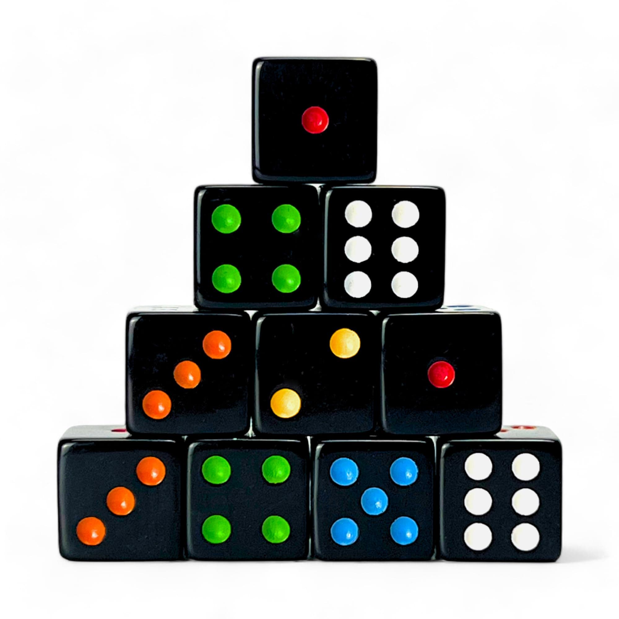Luck Lab 10 Piece D6 Multicolor Pip Dice Pack - Acrylic 16mm Square Edge Standard Dice for RPG MTG DND Table Games and Board Games, Storage Bag Included (Black Multicolor)