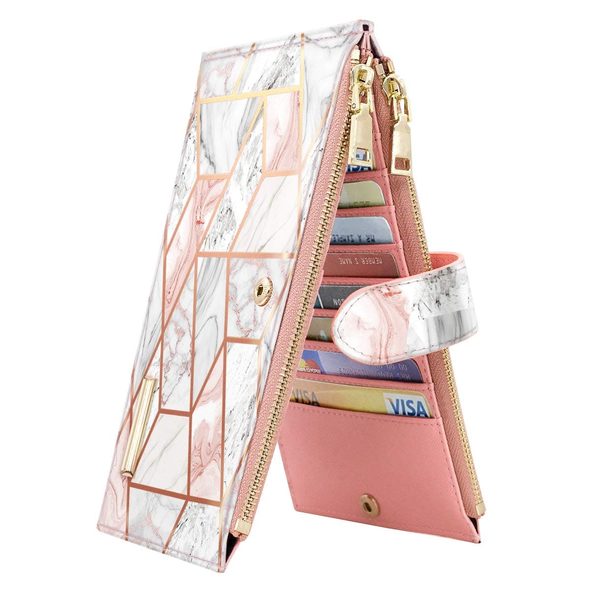 Womens RFID Blocking Large Capacity Wallet Multi Card Organizer Bifold Wallet for Women with Zipper Pocket, Gold Pink Marble, Large, Casual