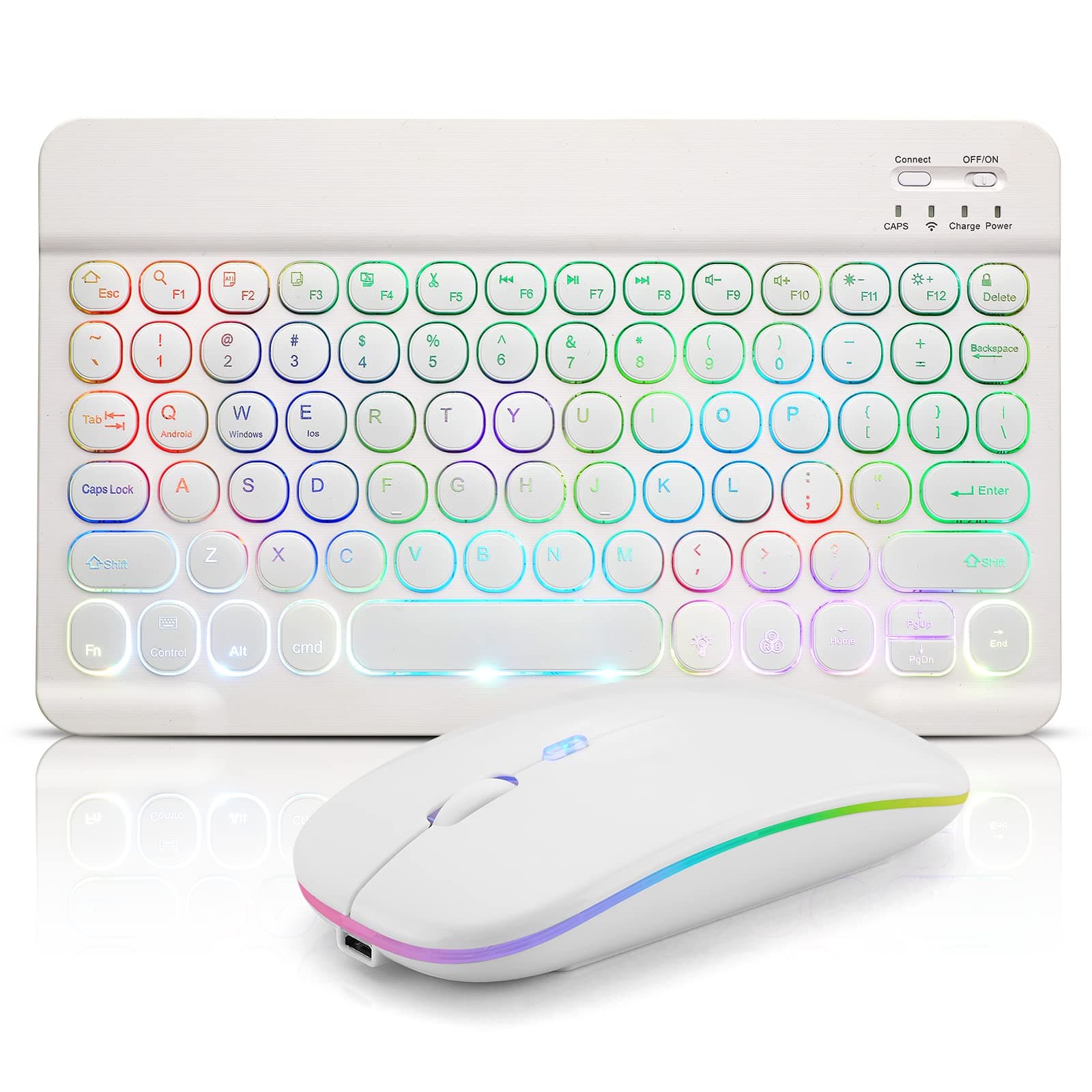 Ultra-Slim Lightweight Bluetooth Keyboard and Mouse Portable Mini Wireless Keyboard Rechargeable 7-Color Backlit for Apple iPad iPhone,Tablet iPhone Smartphone iOS Android Windows,Round Keys White