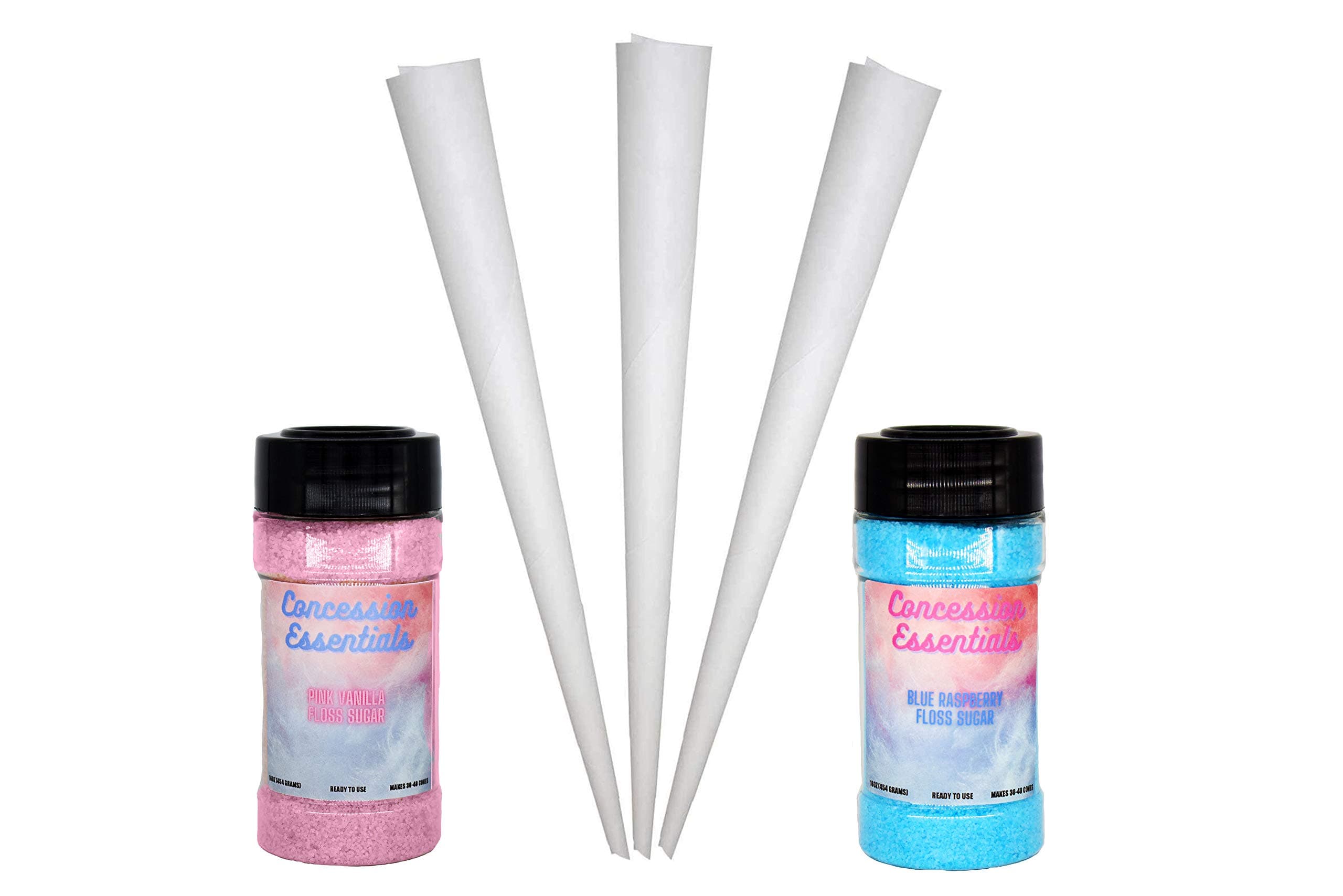 Concession Essentials Cotton Candy Floss Sugar with 100ct Cotton Candy Cones, 16oz Jar, 2pack, Pink Vanilla and Blue Raspberry, (1 of Each Flavor 32oz's Total)
