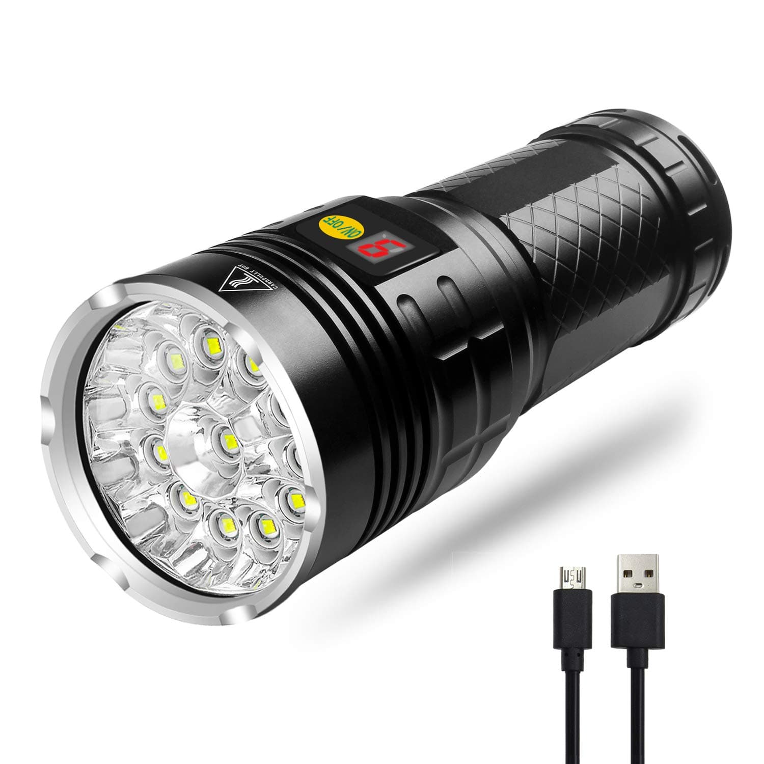 Torch Led Super Bright, 12 LEDs Powerful, USB Rechargeable, Power Display, Built-in Battery