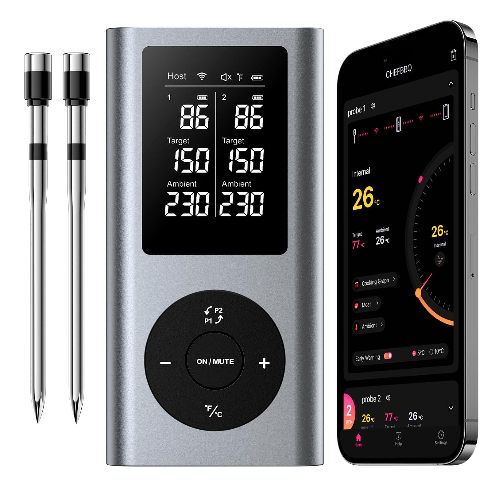 Meat Thermometer Wireless with 2 Meat Probes, 800FT Long Range Bluetooth Thermometer Wireless Temperature Probes for Remote Monitoring of Grill, Oven, Smoker, Air Fryer, iOS & Android App