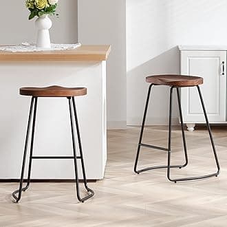 Bar Stools, Solid Wood Barstools Set of 2, 26" Counter Height Bar Stools with Metal Leg, Rustic Backless Bar Stools for Kitchen Island, Bar Chairs with Solid Wood Saddle Seat (Walnut, 26 Inch)