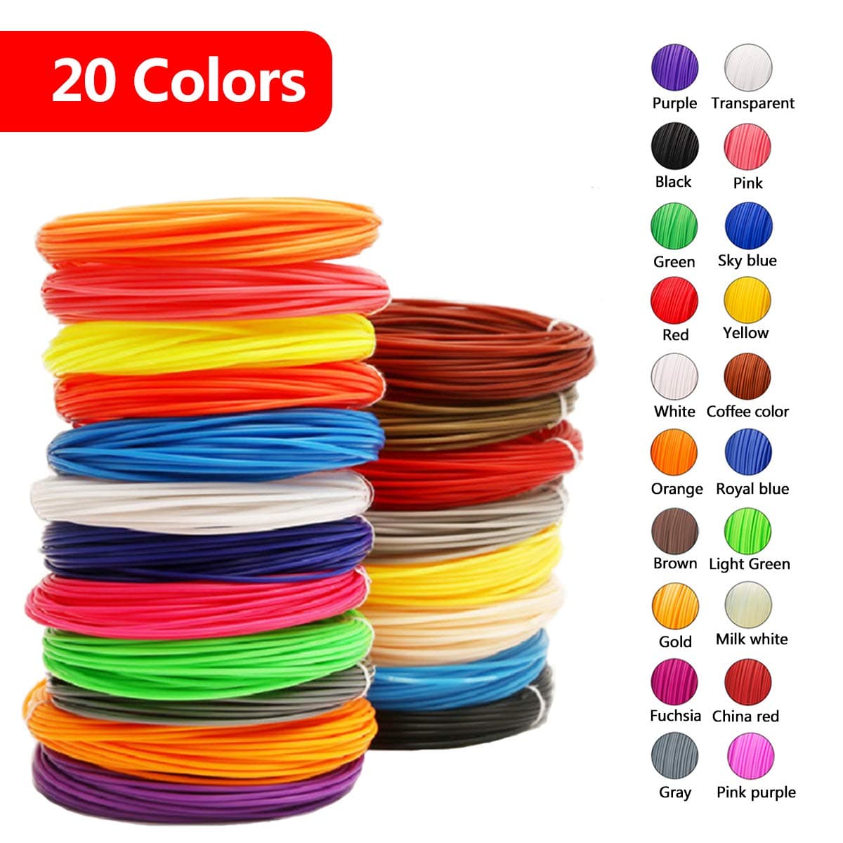 1.75mm Diameter 3D Printing consumables PLA Material 3D Printer Filament for 3D Print Pen in 20 Colors Pack Each 16.5 Feet Lengths