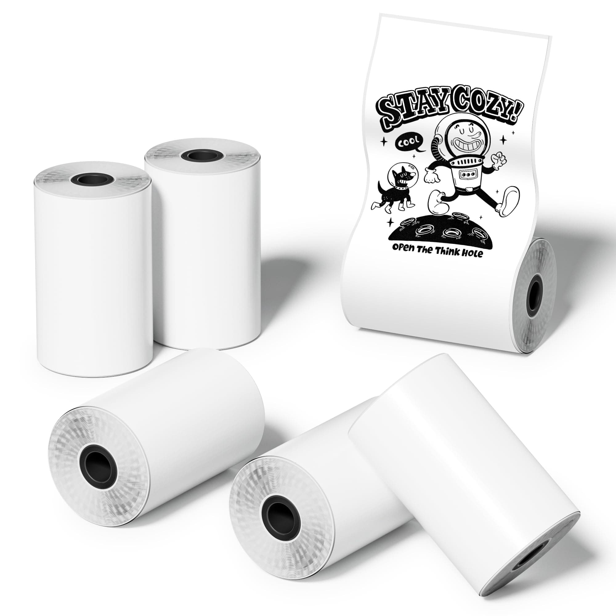 Greateam 57x30mm Thermal Sticker Paper Rolls Mini Printer Stickers for Study Notes Pictures and DIY, 6 Rolls Mini Inkless Thermal Printer Sticker Paper, Black on White