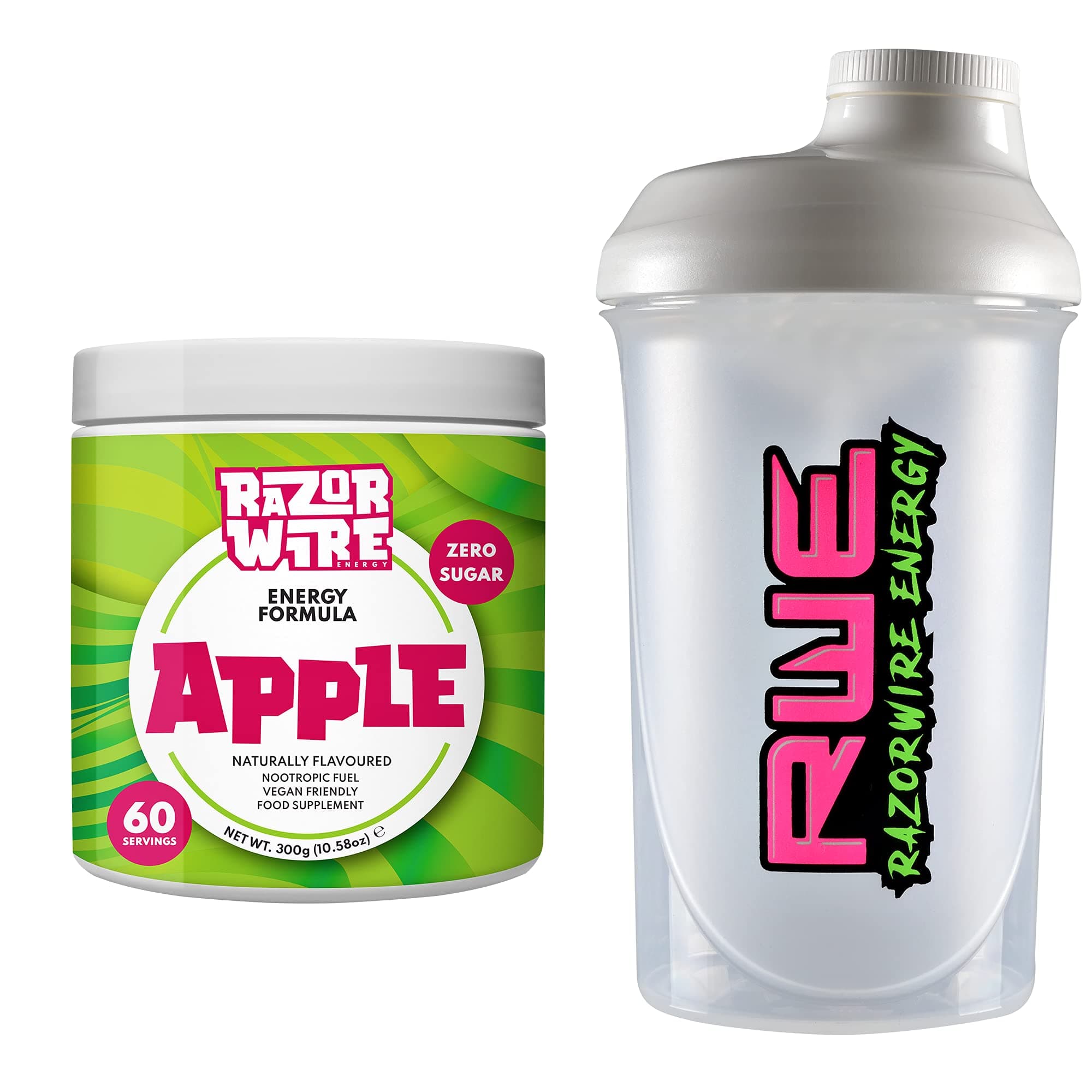 RAZORWIRE ENERGY | Apple | Focus Boost Energy Drink, Zero Sugar, Low-Calorie, Vegan | 60 Servings + Arctic Shaker (500ml)
