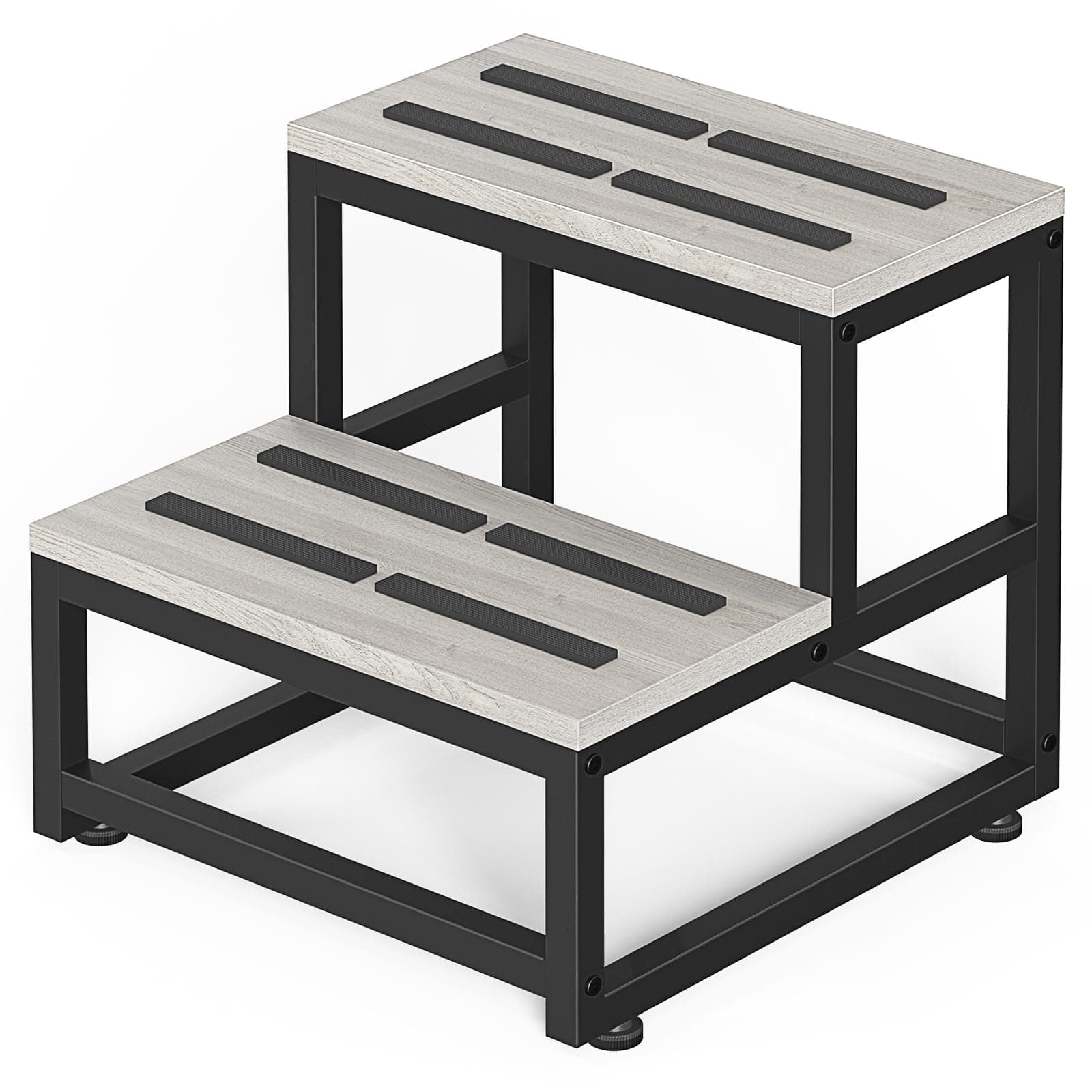 LIANTRAL Heavy Duty 2 Step Stool for Adults, Footstool with Adjustable Feet & Anti-Slip Steps, 500 lbs Capacity Sturdy Metal Frame Bed Step, Wooden Step Stool for Kitchen, Bathroom, Bed, RV, Gray