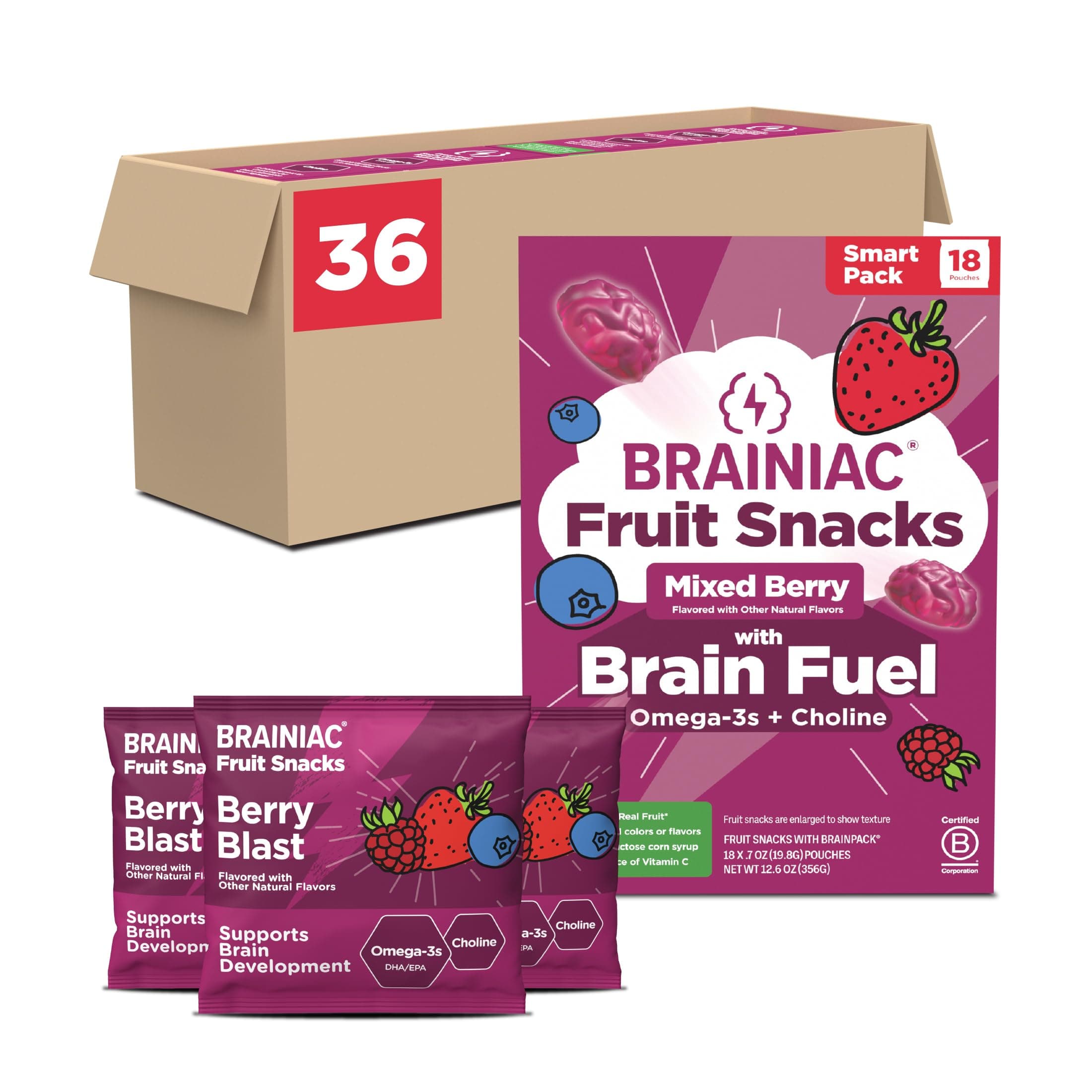 BrainiacFruit Snacks, Mixed Berry, Brain Boosting Patented BrainPack Ingredients with Omega-3s DHA/EPA and Choline, Functional and Nutritious Snacks, 36ct