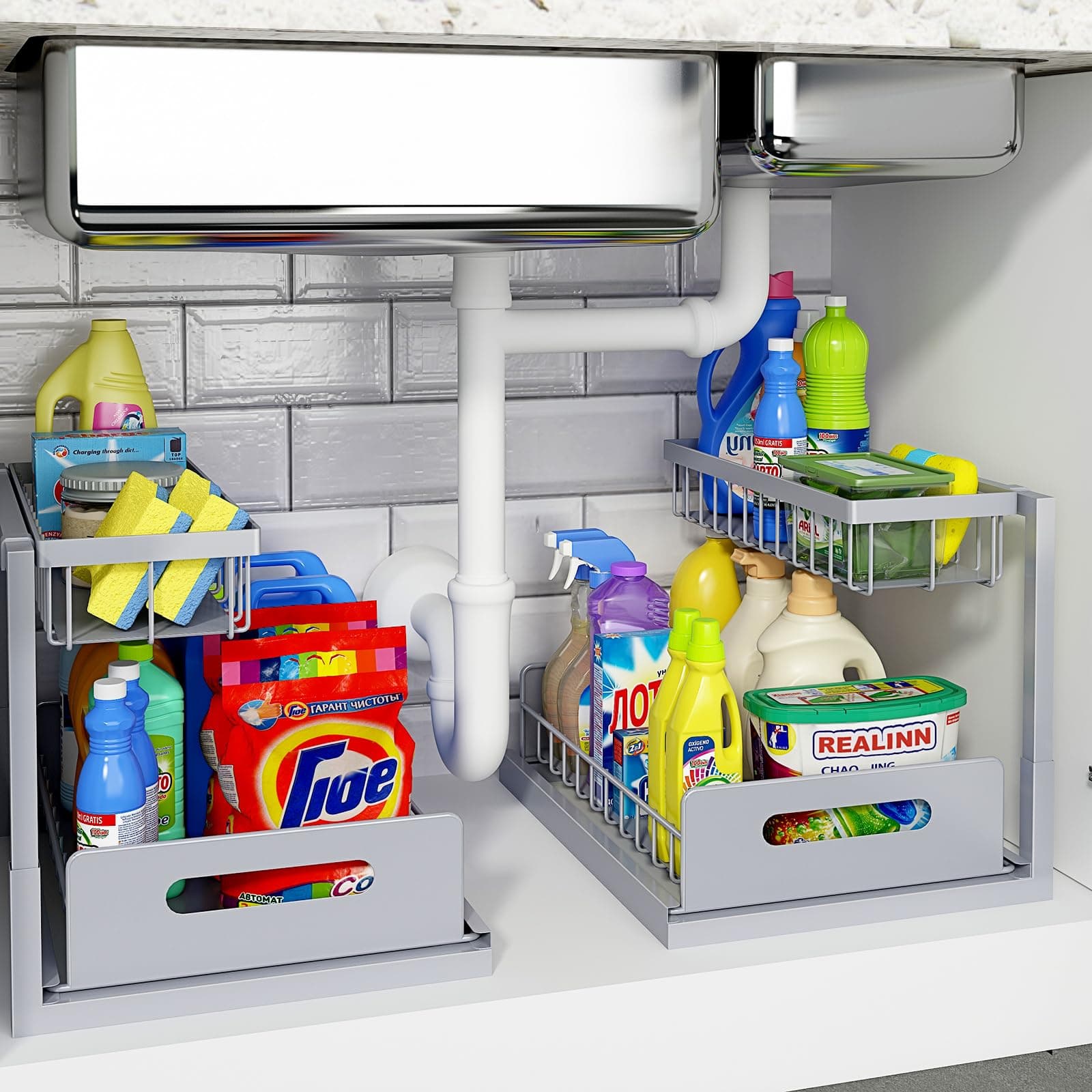 Under Sink Organizer, Pull Out Cabinet Organizer 2 Tier Slide Out Sink Shelf Cabinet Storage Shelves, Storage for Kitchen Bathroom, Grey, 2 Pack