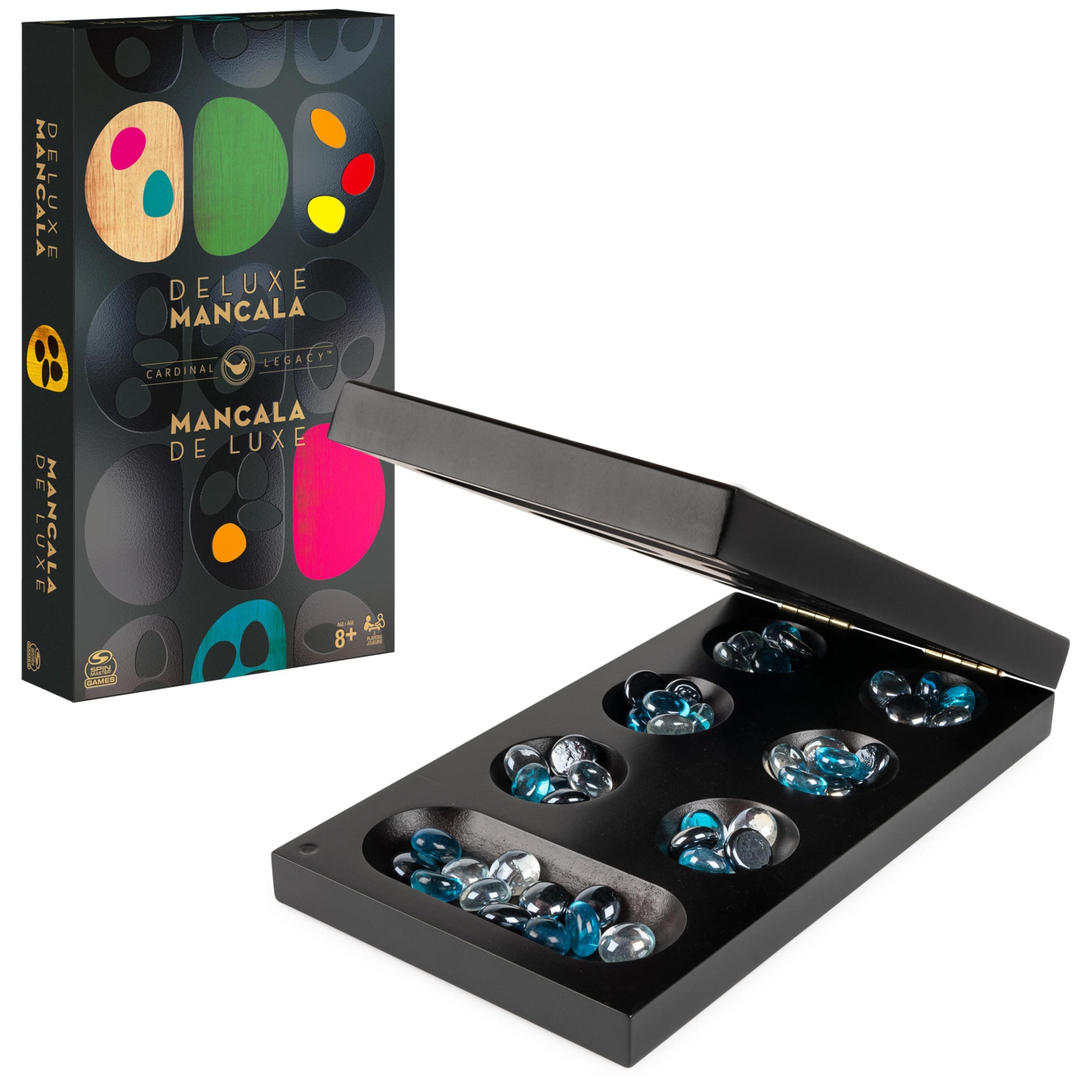 Spin Master Games, Legacy Deluxe Mancala, Classic Game with Folding Wooden Board & Colorful Glass Stones, Family Game, for Ages 8 & Up
