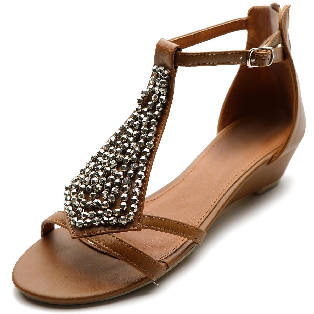 Ollio Women's Shoe Gladiator Flat Silver Bead Accent Wedge Multi Color Sandal(6.5 B(M) US, Brown)
