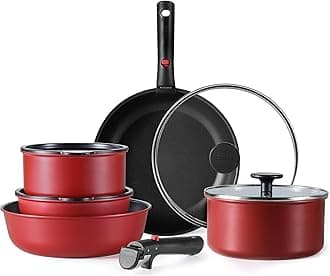 CAROTE Pots and Pans Set Non Stick, Cookware Sets, Oven/Fridge Safe, Space Saving Pots Set, 11pcs Kitchen Set, Nonstick Set with Versatile Removable/Detachable Handle, Induction RV Set, Red and Black