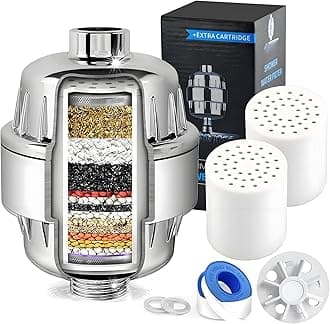 Shower Head Filter with 2 Replacement Cartridges - 20 Stage Water Softener for Hard Water - Removes Chlorine and Fluoride - Ideal for Dry Itchy Skin,Reduce Dandruff, Improve Hair & Nails Condition