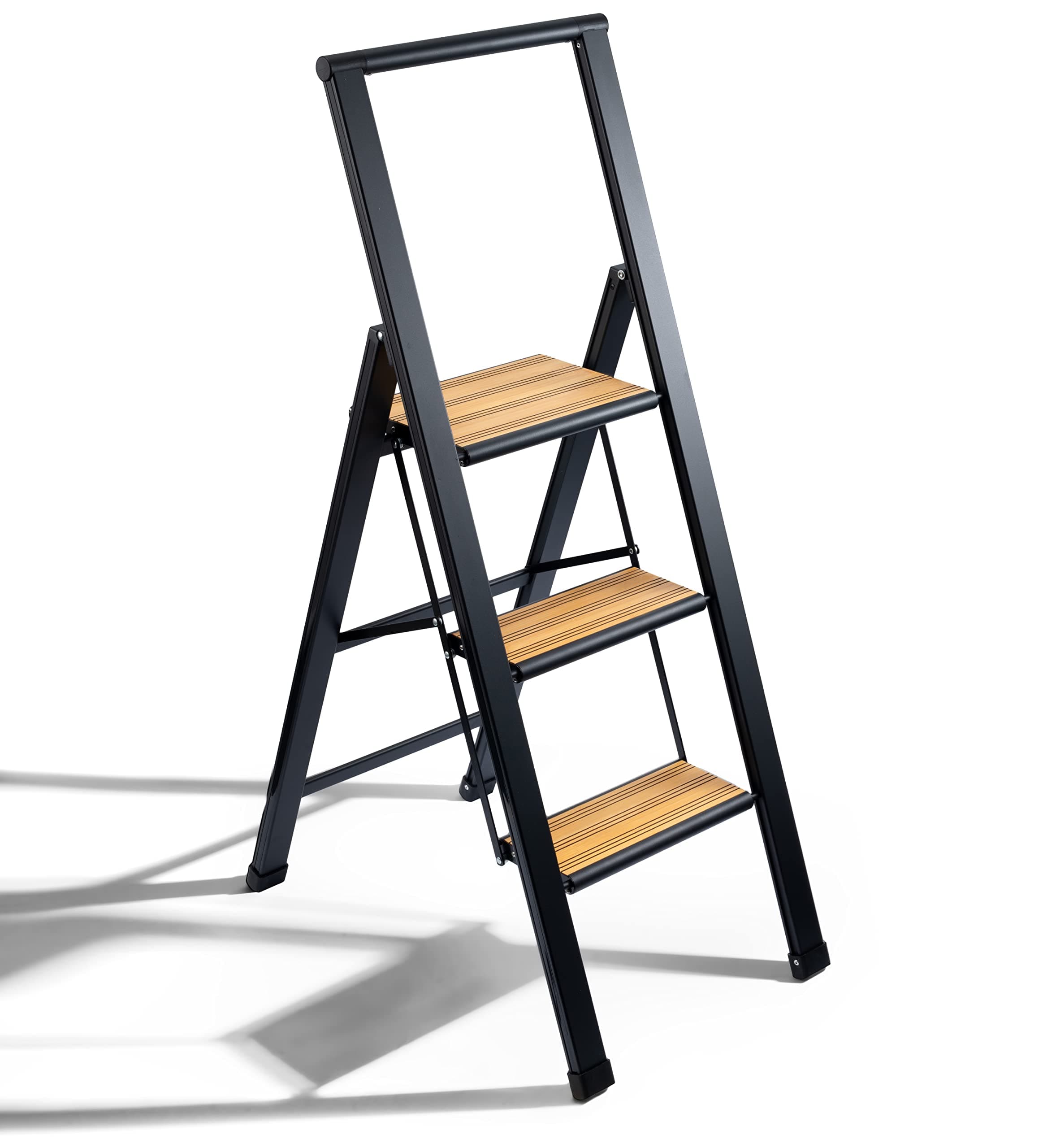 Step Ladder 3 Step Folding, Decorative - Beautiful Bamboo & Black Aluminum, Ultra Slim Profile, Anti Slip Steps, Sturdy-Portable for Home, Office, Kitchen, Photography Use,by SORFEY