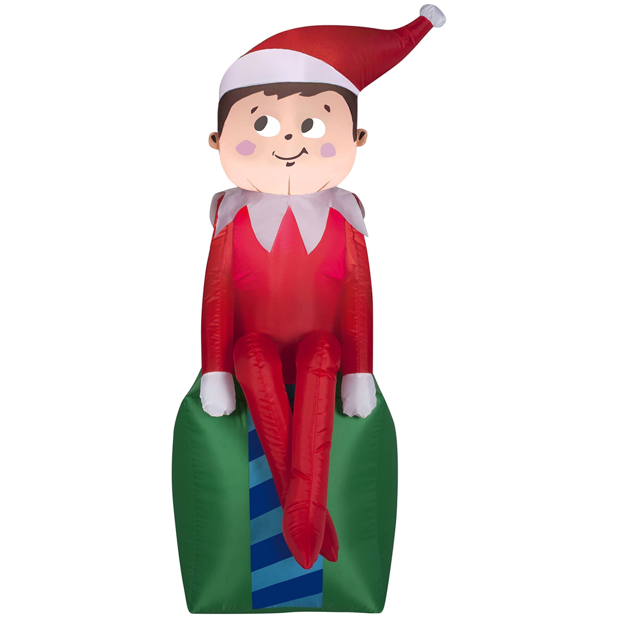 Allstate Inflatable Shelf LED Lighted Scout Elf on Present Christmas Yard Art Decoration, 3.5', Red